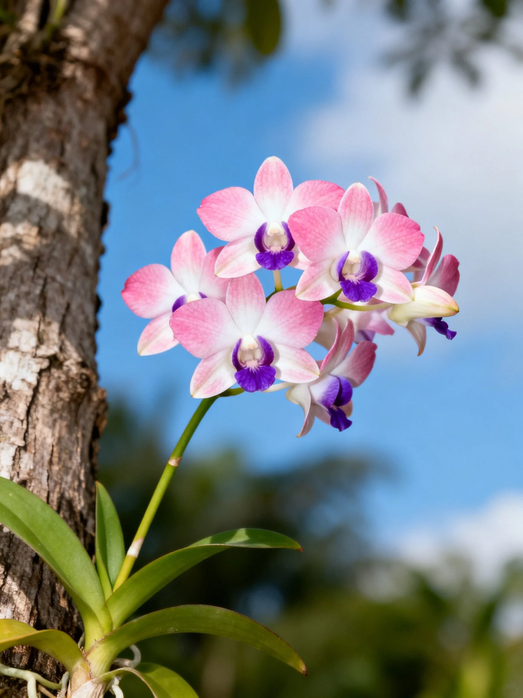Pink and white orchid cluster with purple centers attached to tree trunk