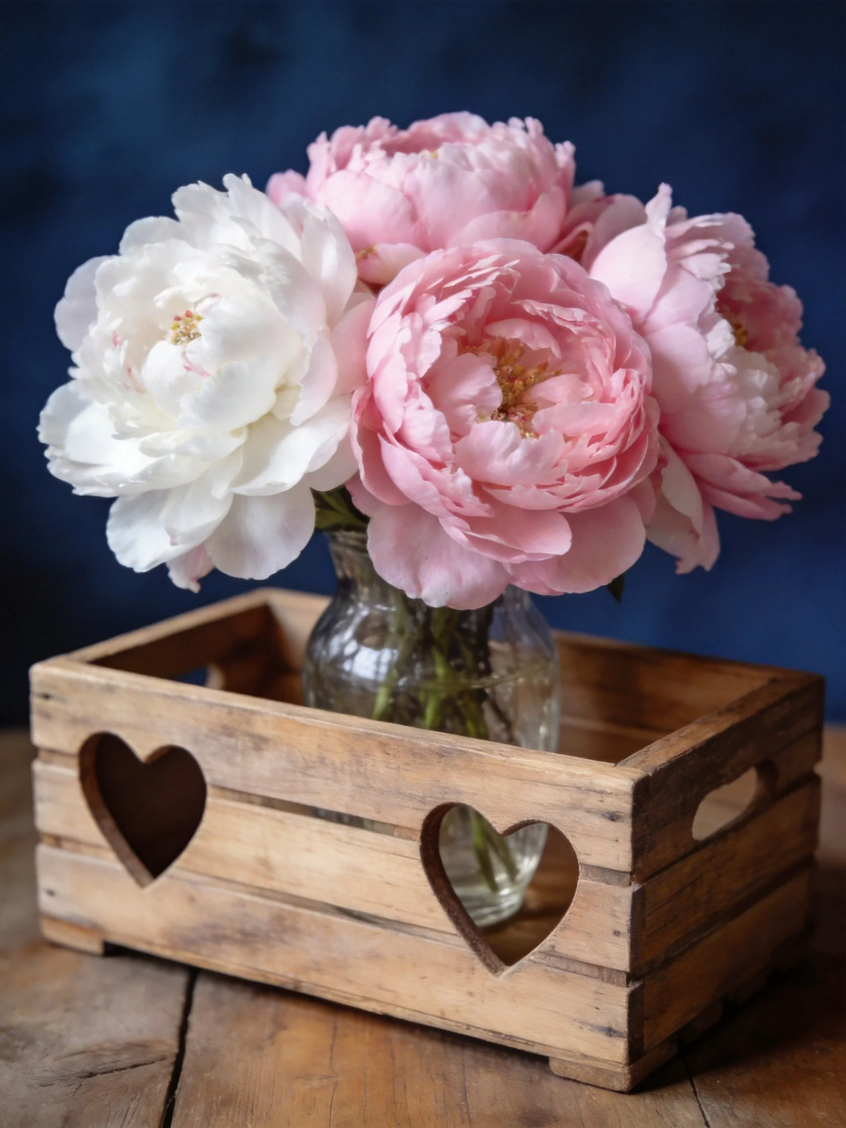 Pink and white peonies in a glass vase on a wooden heart-crate