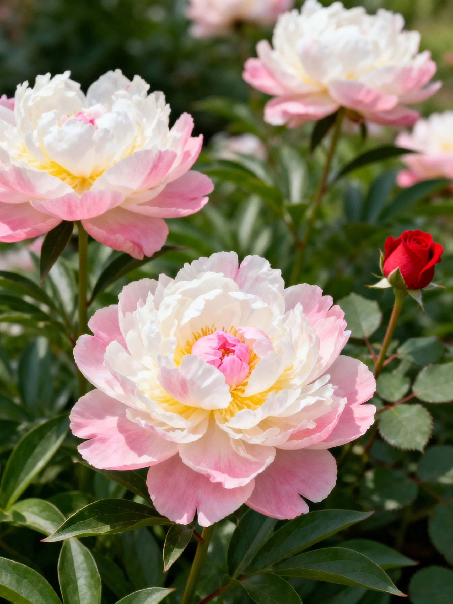 Pink and white peonies with a single red rose bud