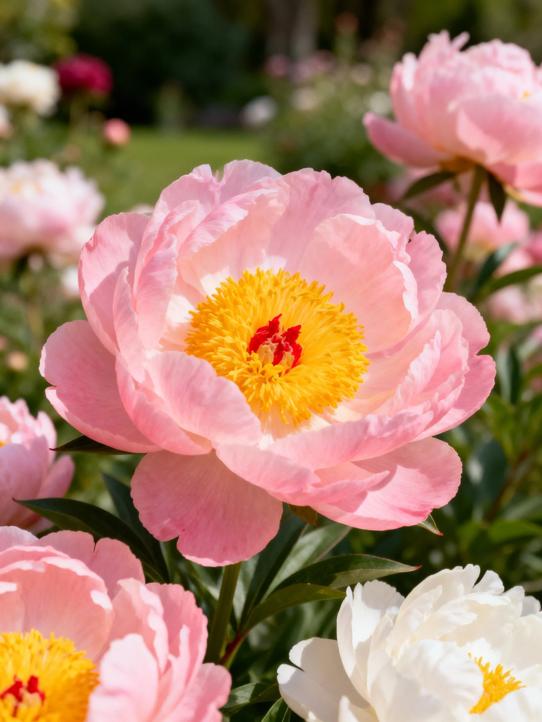 Pink and white peonies with yellow centers blooming in a garden