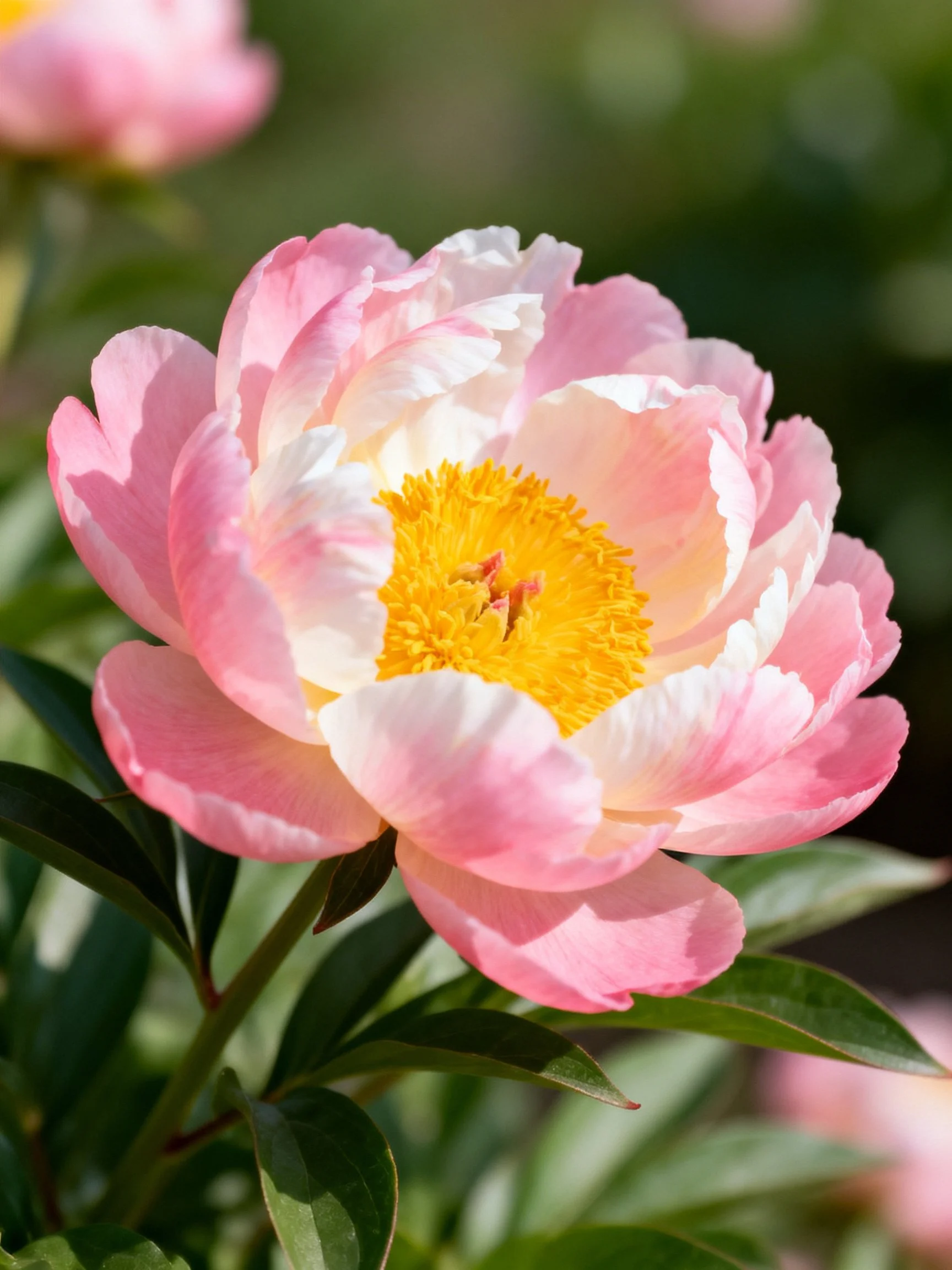 Pink and white peony blooms with bright yellow center
