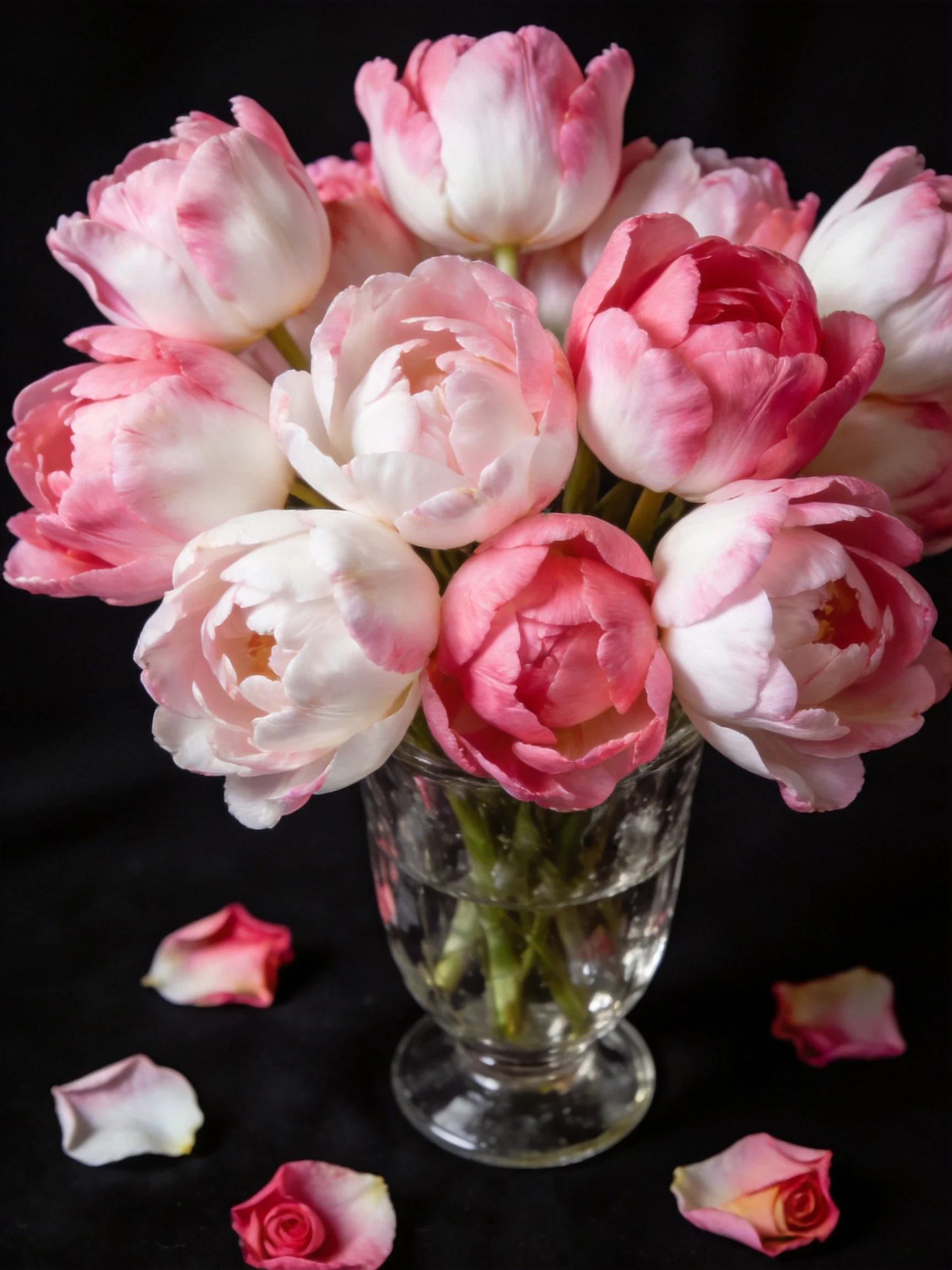 Pink and white peony bouquet in glass vase with scattered petals