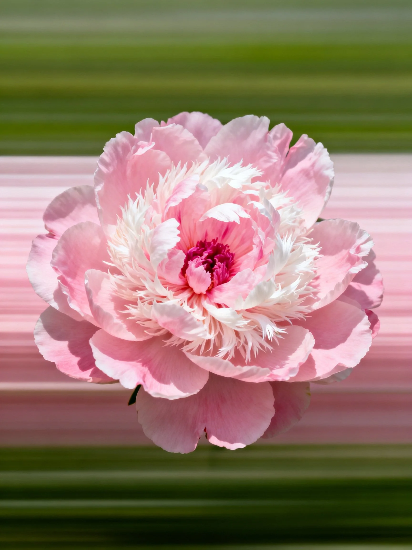 Pink and white peony centered against green and pink striped backdrop