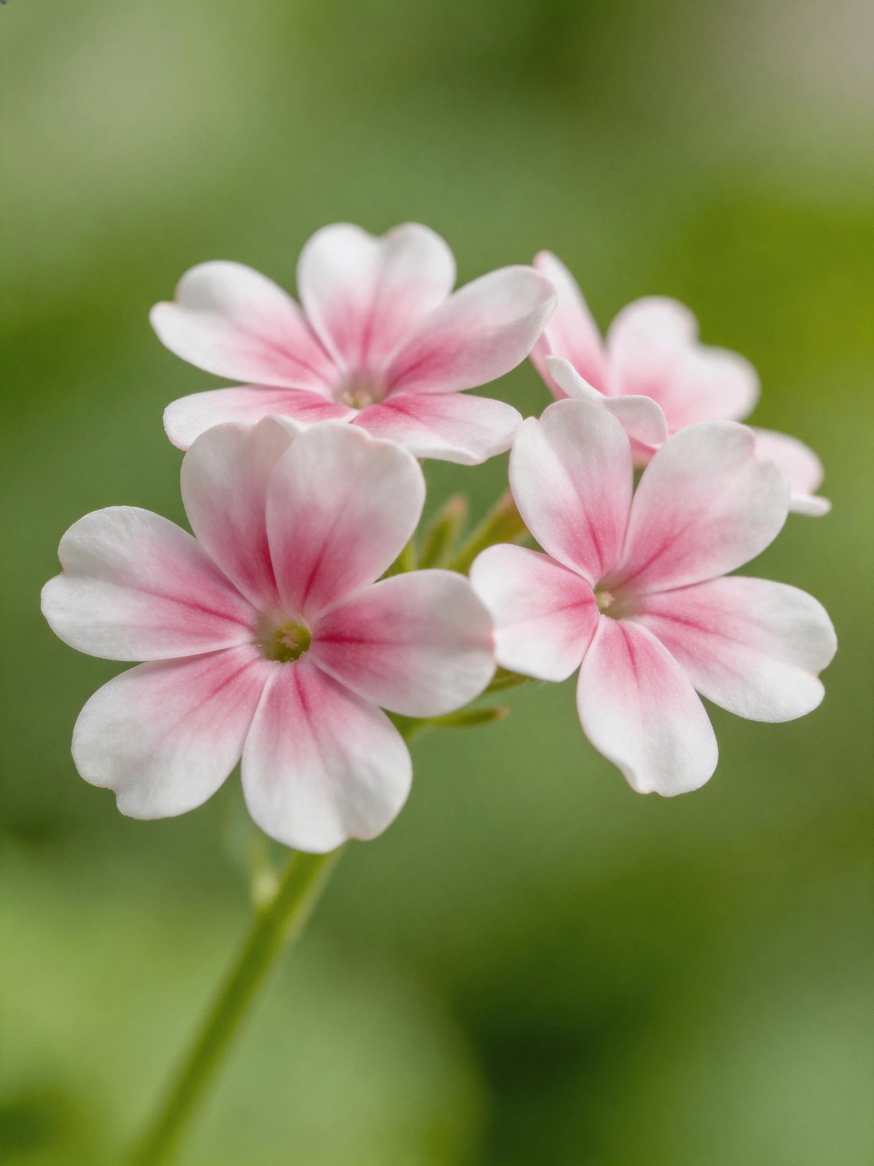 Petunia flowers with pink and white petals are set against a softly blurred green backdrop.