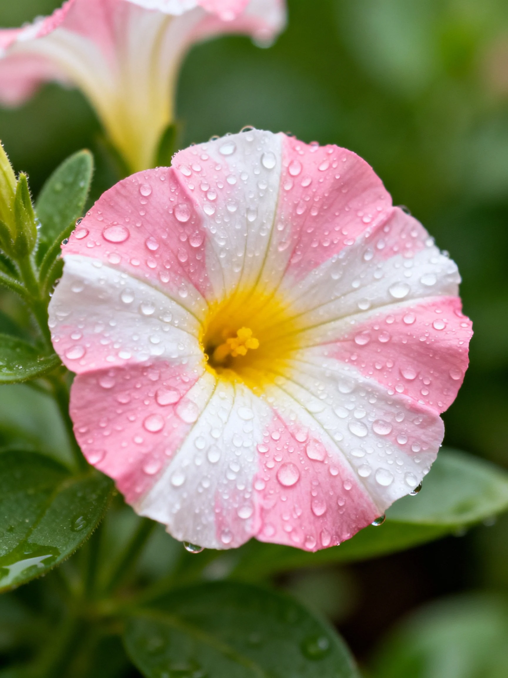 Pink and white petunia flower with water droplets on petals