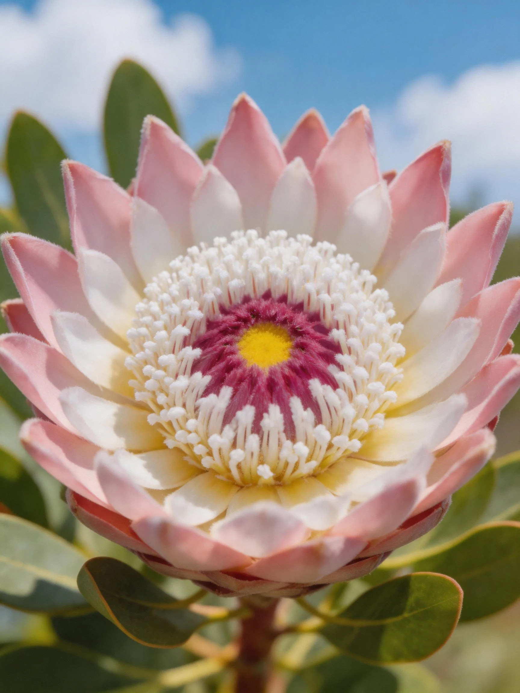 Pink and white protea flower with layered petals and vibrant center