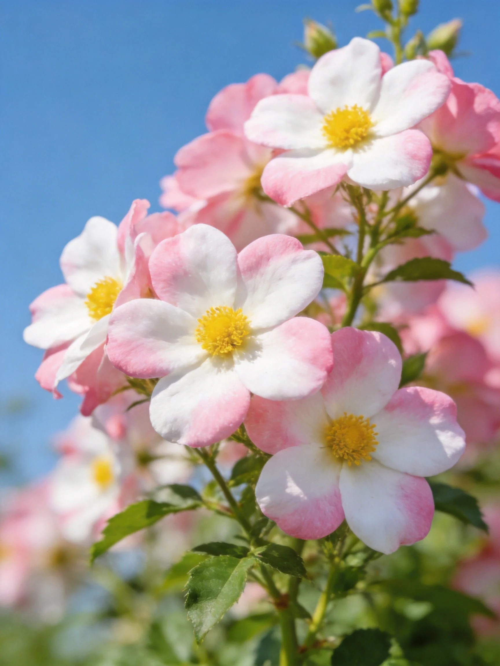 Pink and white rose blossoms under clear blue sky