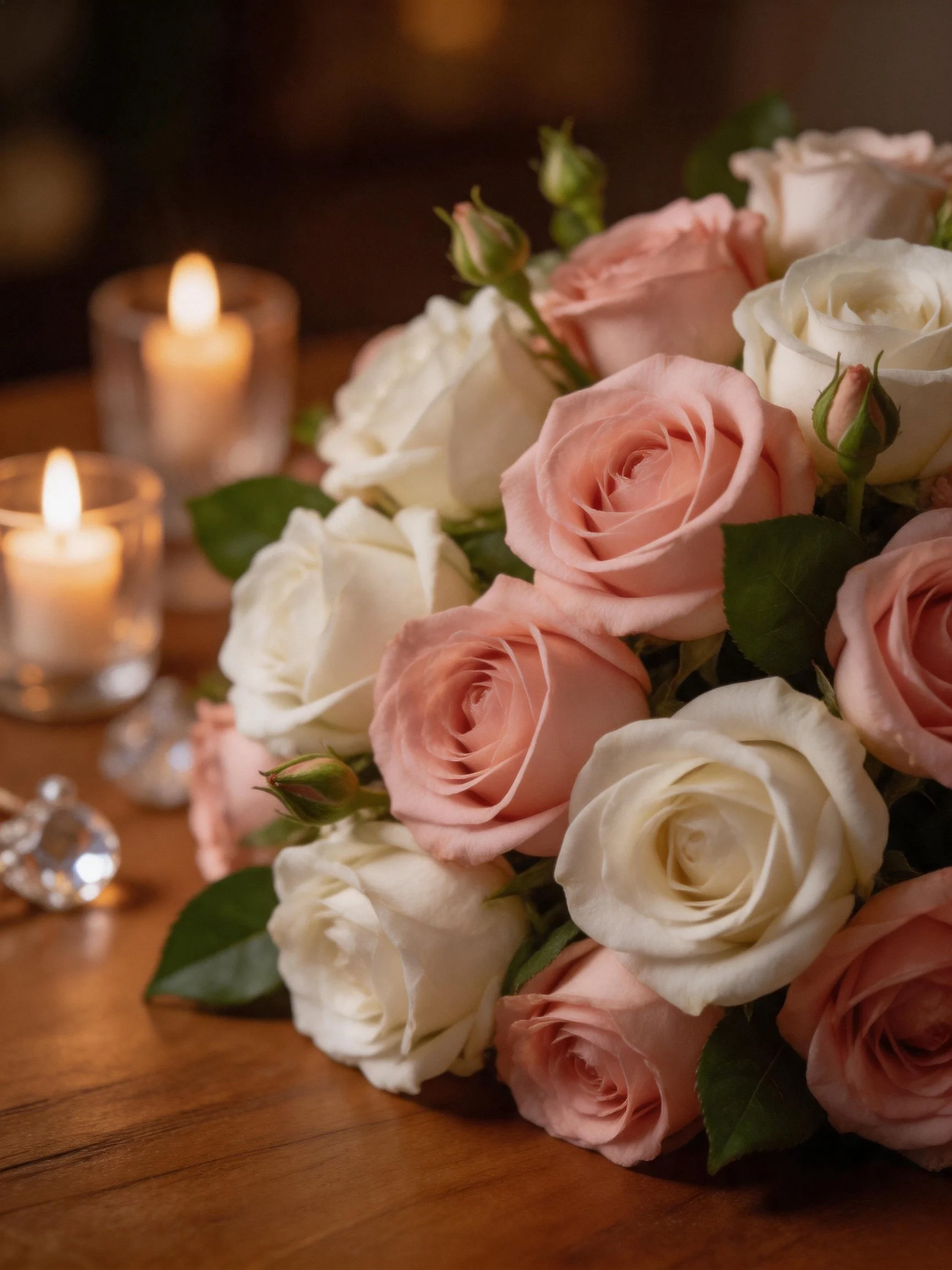 Pink and white rose bouquet beside two lit candles on wooden surface