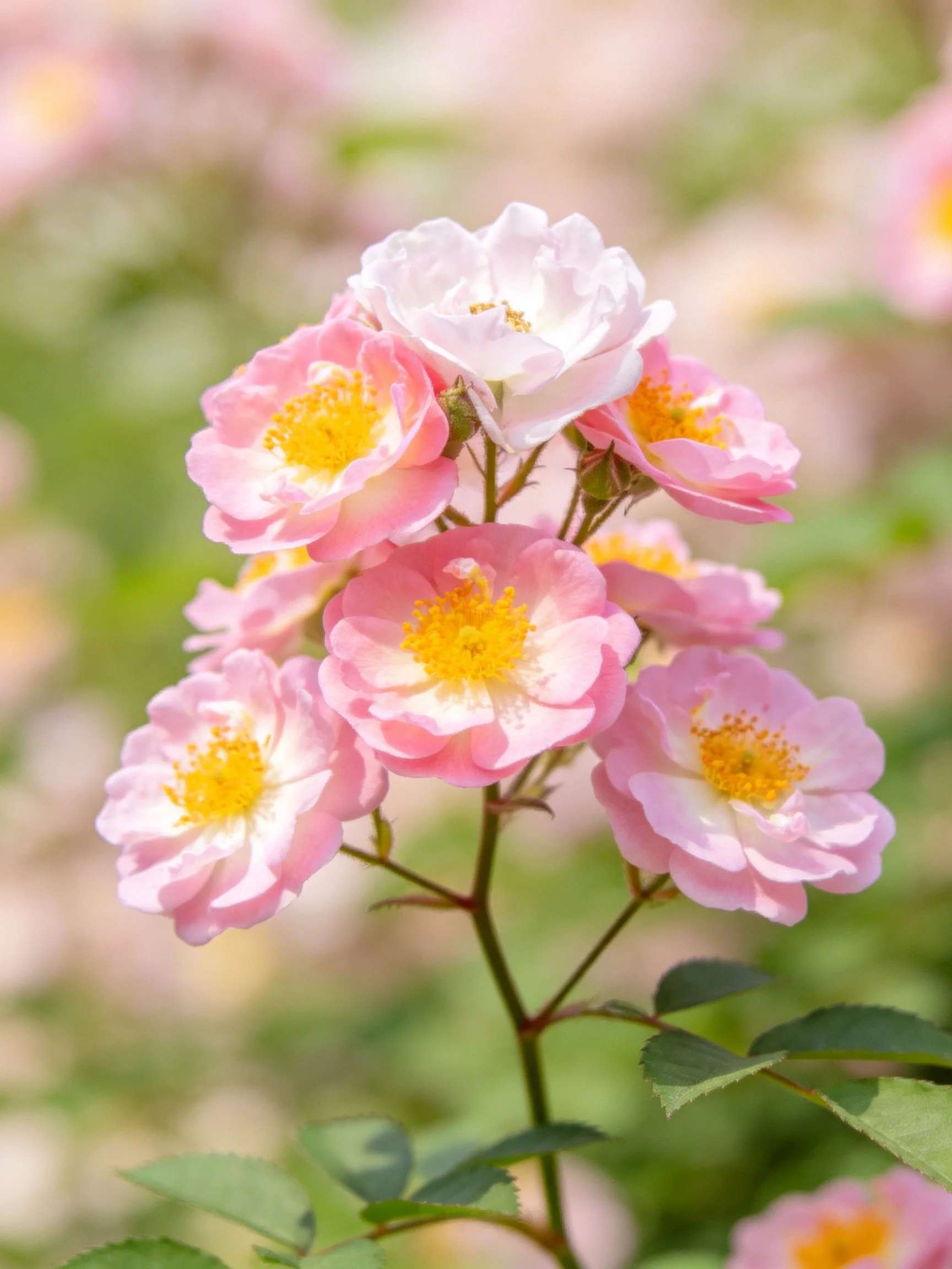 Pink and white rose cluster with yellow centers, green foliage