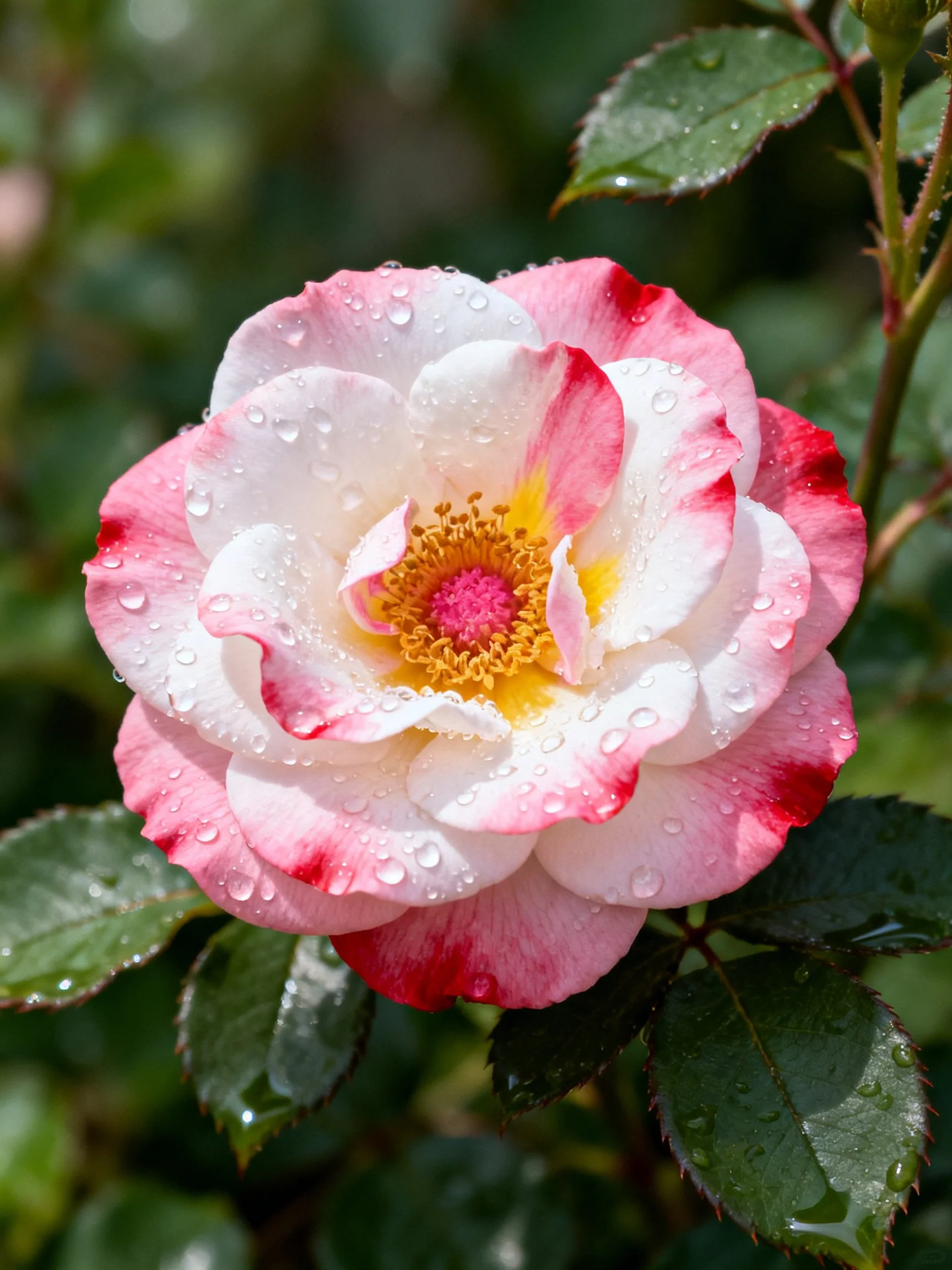 Pink and white rose with dew drops on petals