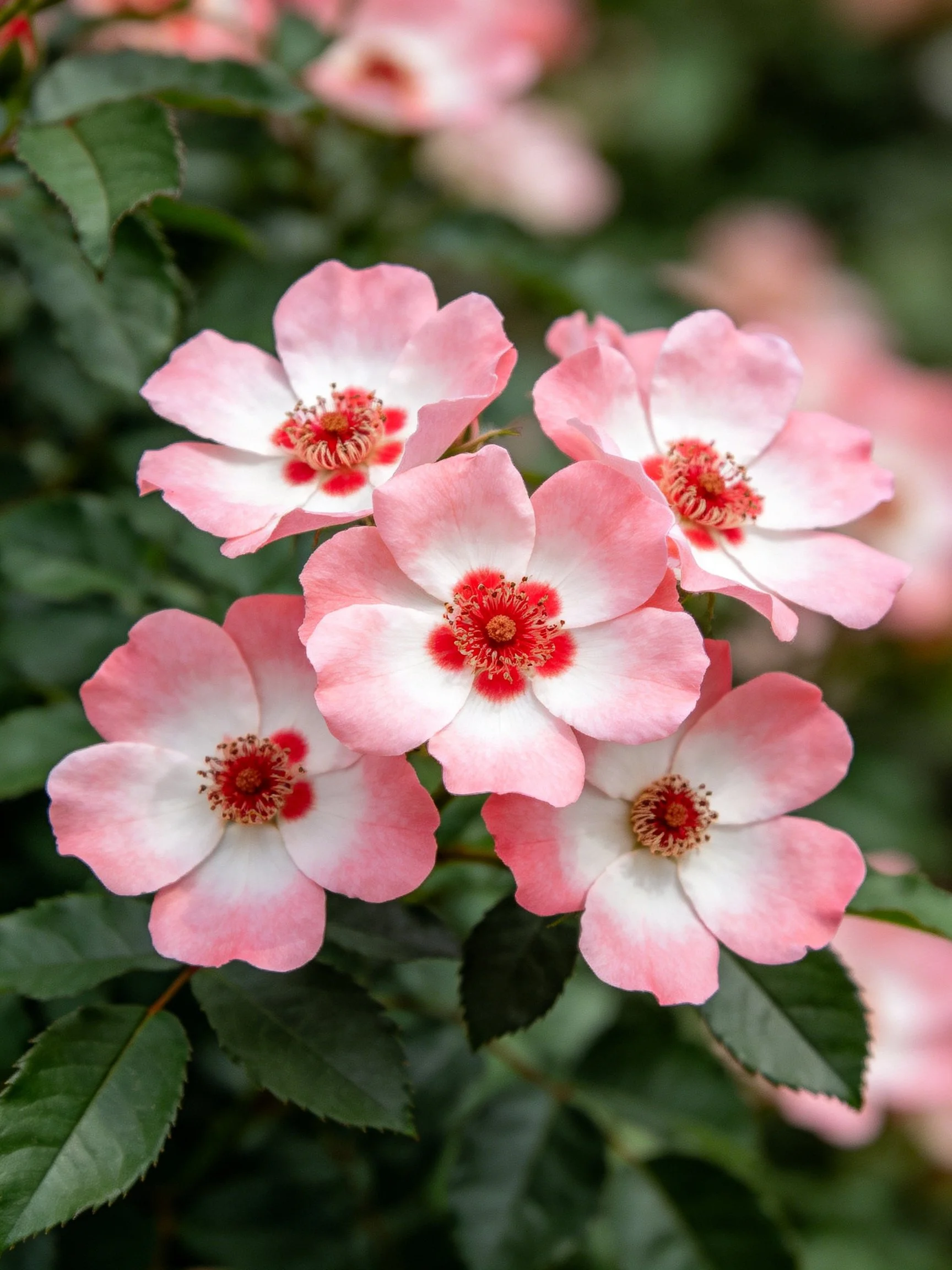 Pink and white roses with red centers amid lush green foliage