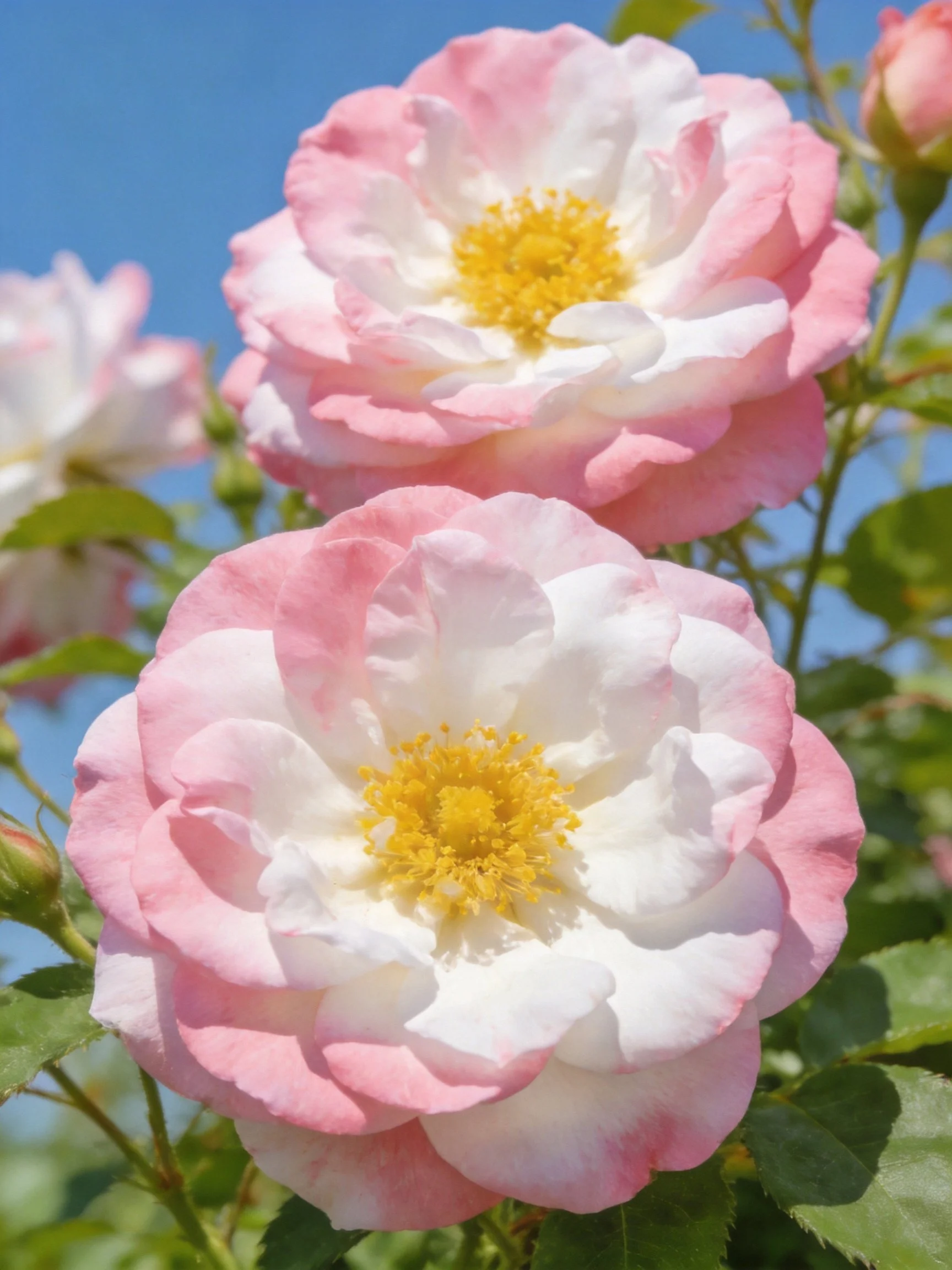 Pink and white roses with yellow centers bloom under a clear blue sky.