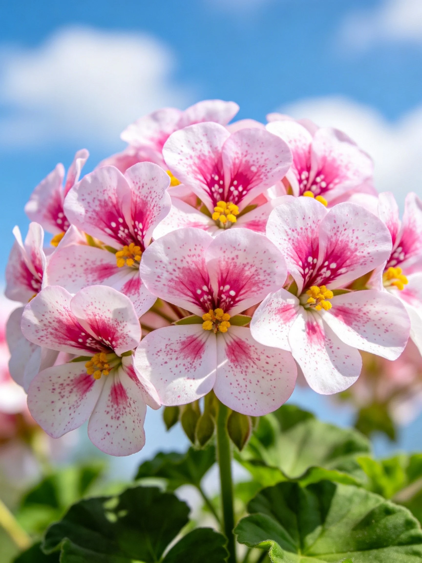 Pink and white speckled flowers cluster amid green leaves under blue sky