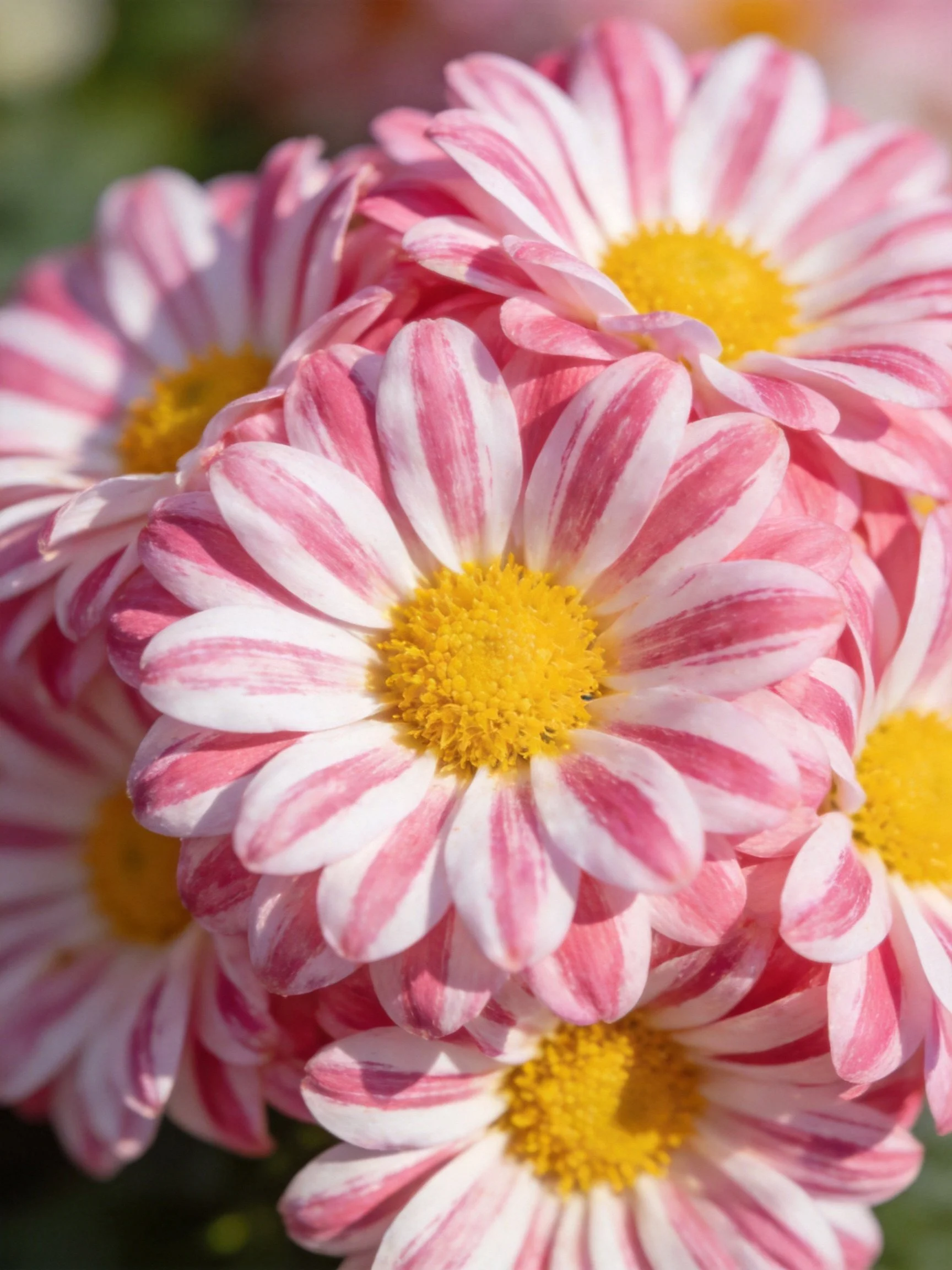 Pink and white striped chrysanthemums with bright yellow centers