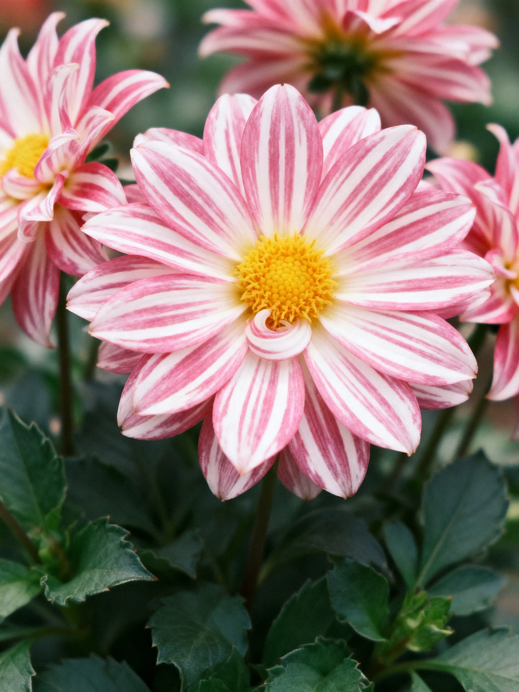 Pink and white striped dahlia blooms with bright yellow centers