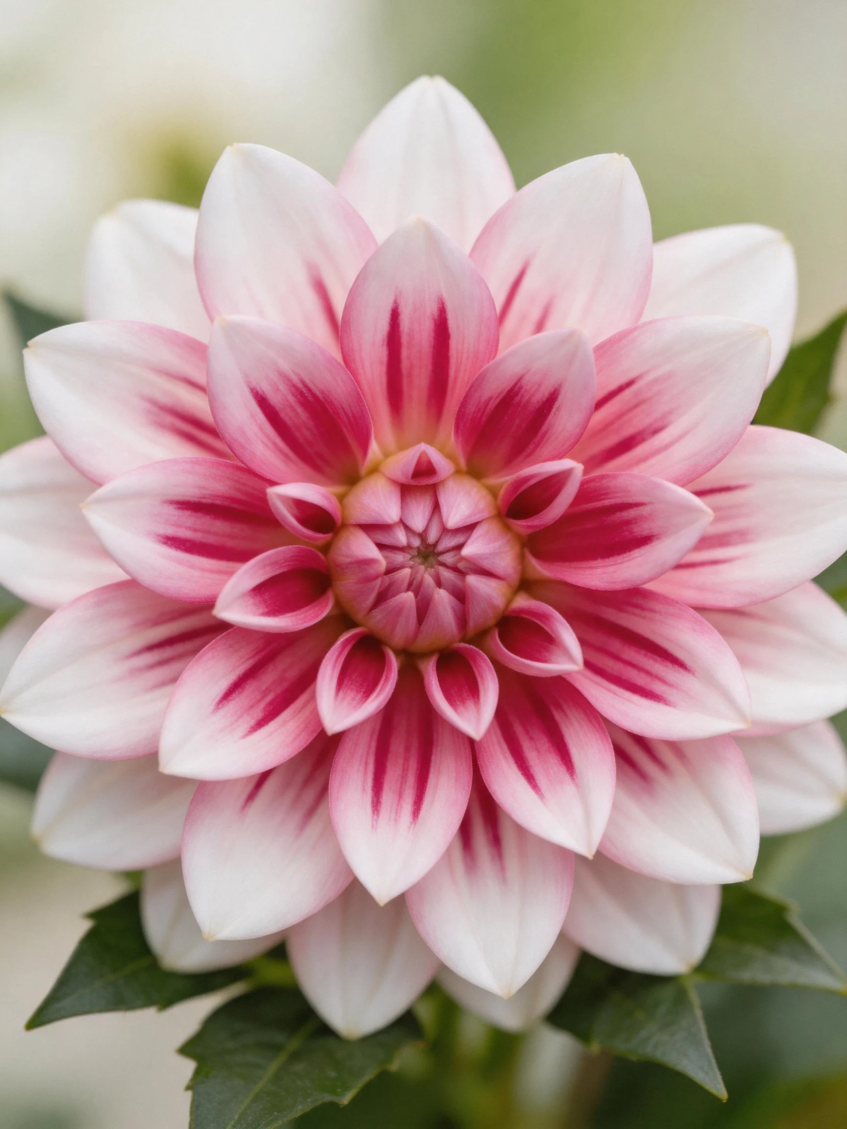Pink and white striped dahlia flower with layered petals