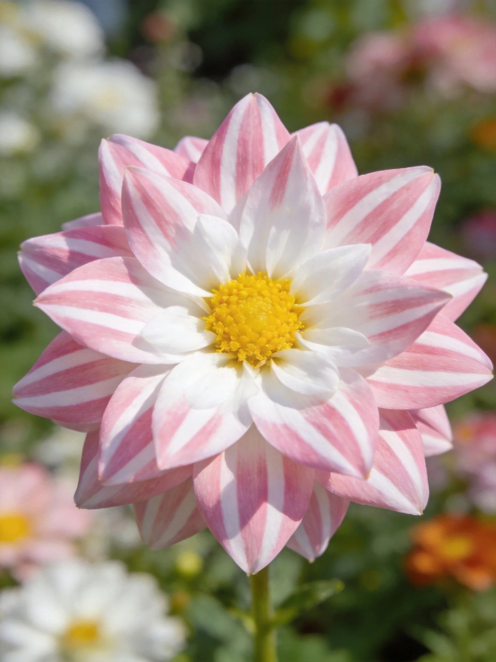 Pink and white striped dahlia with bright yellow center