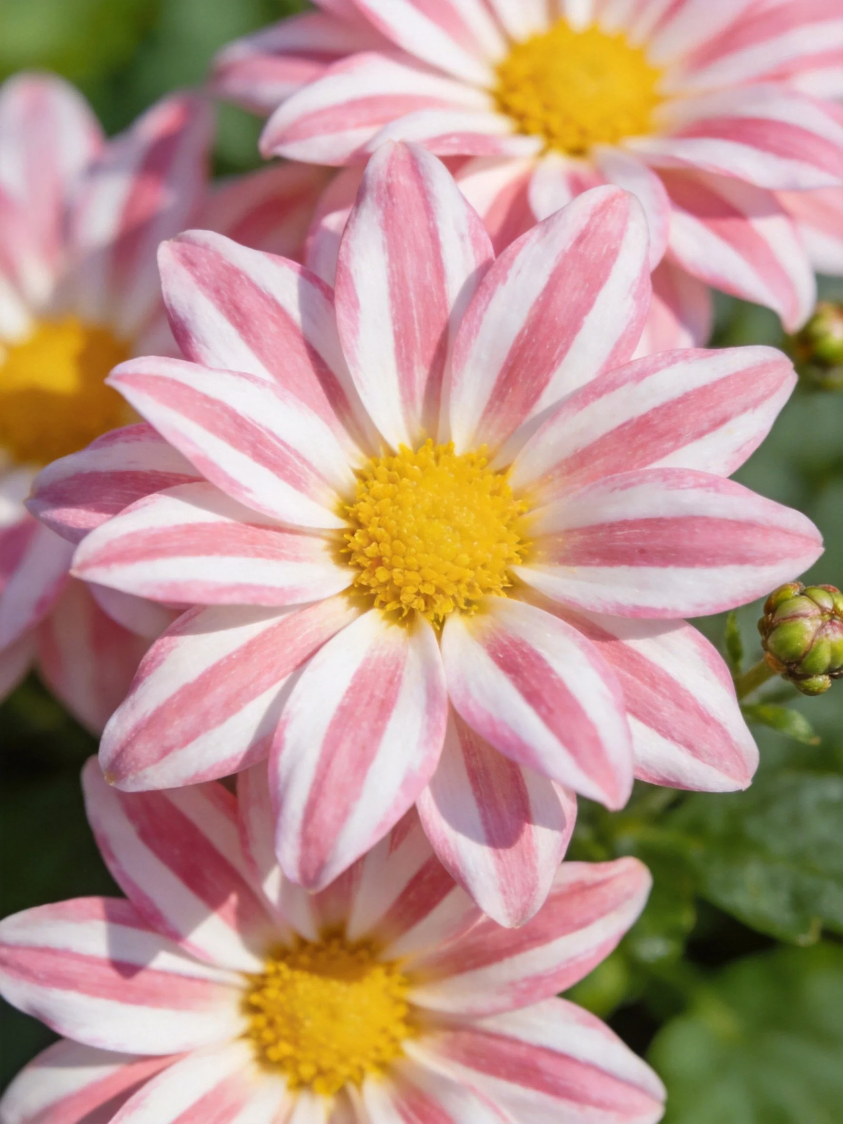 Pink and white striped daisies with bright yellow centers clustered together