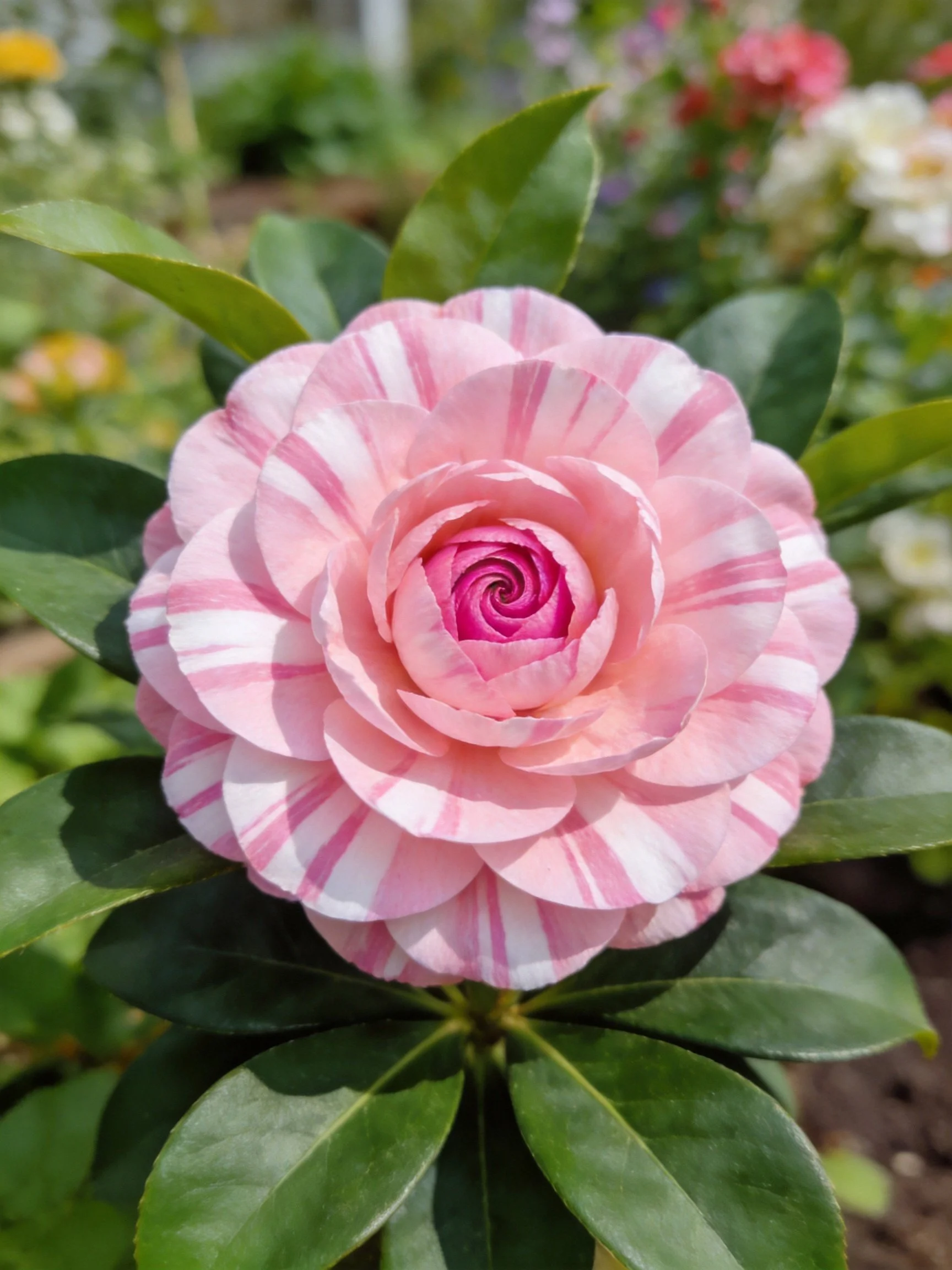 Pink and white striped flower with glossy green leaves