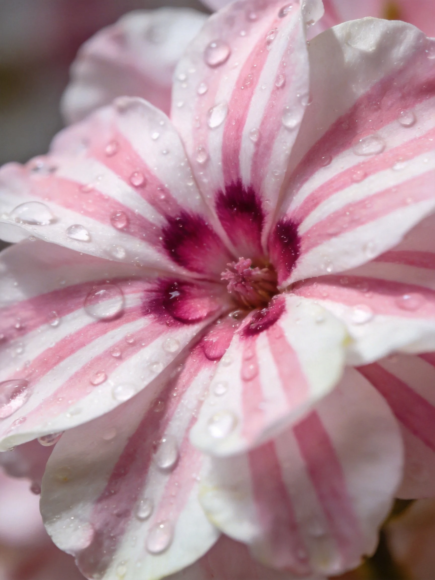 Pink and white striped flower with water droplets