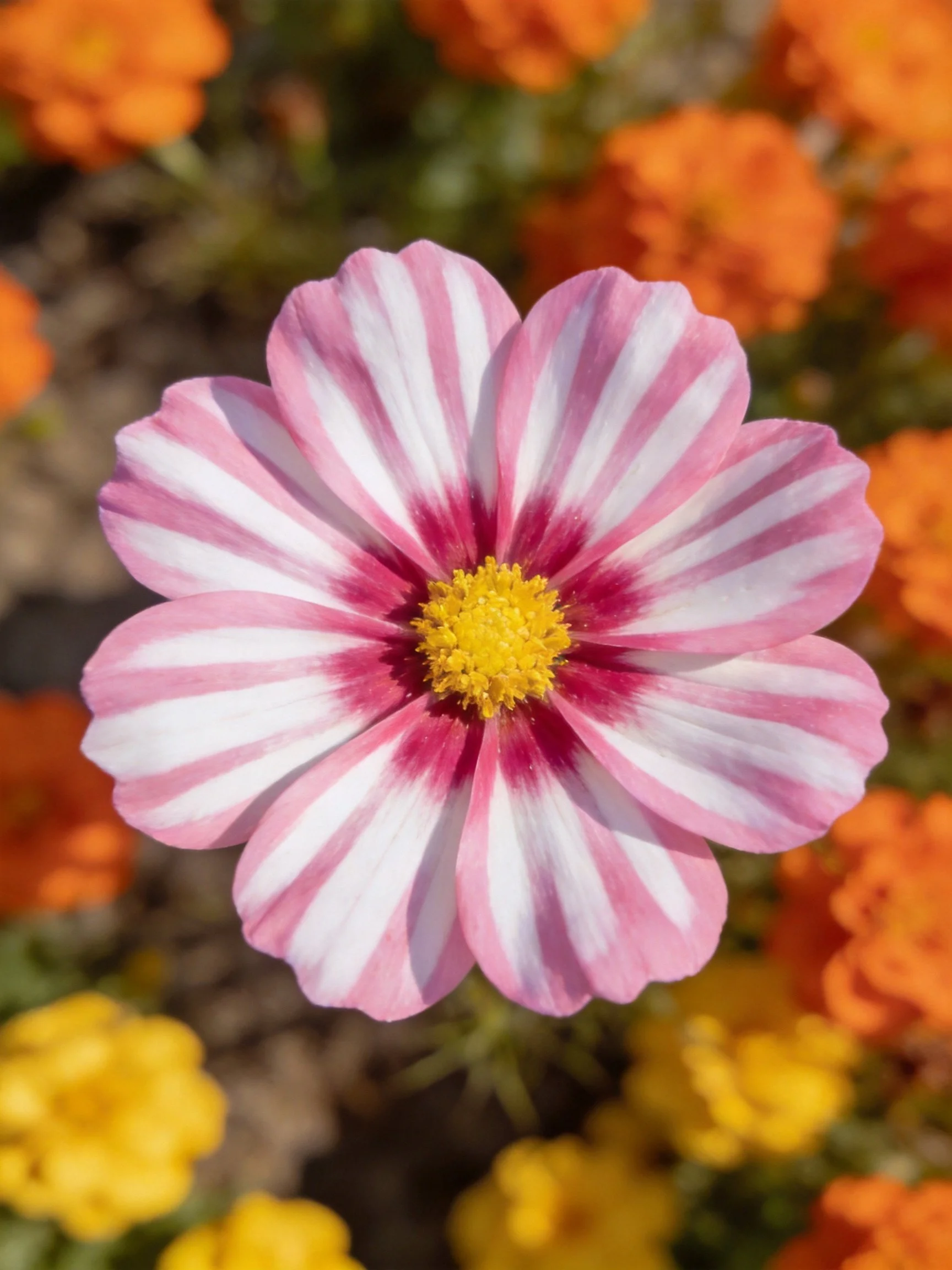 Pink and white striped flower with yellow center among orange blooms