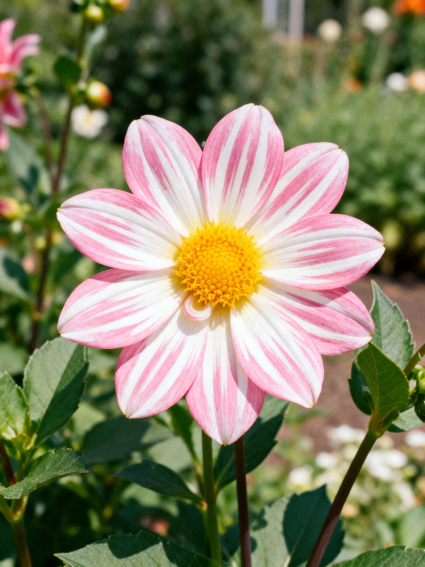 Pink and white striped flower with yellow center in a garden