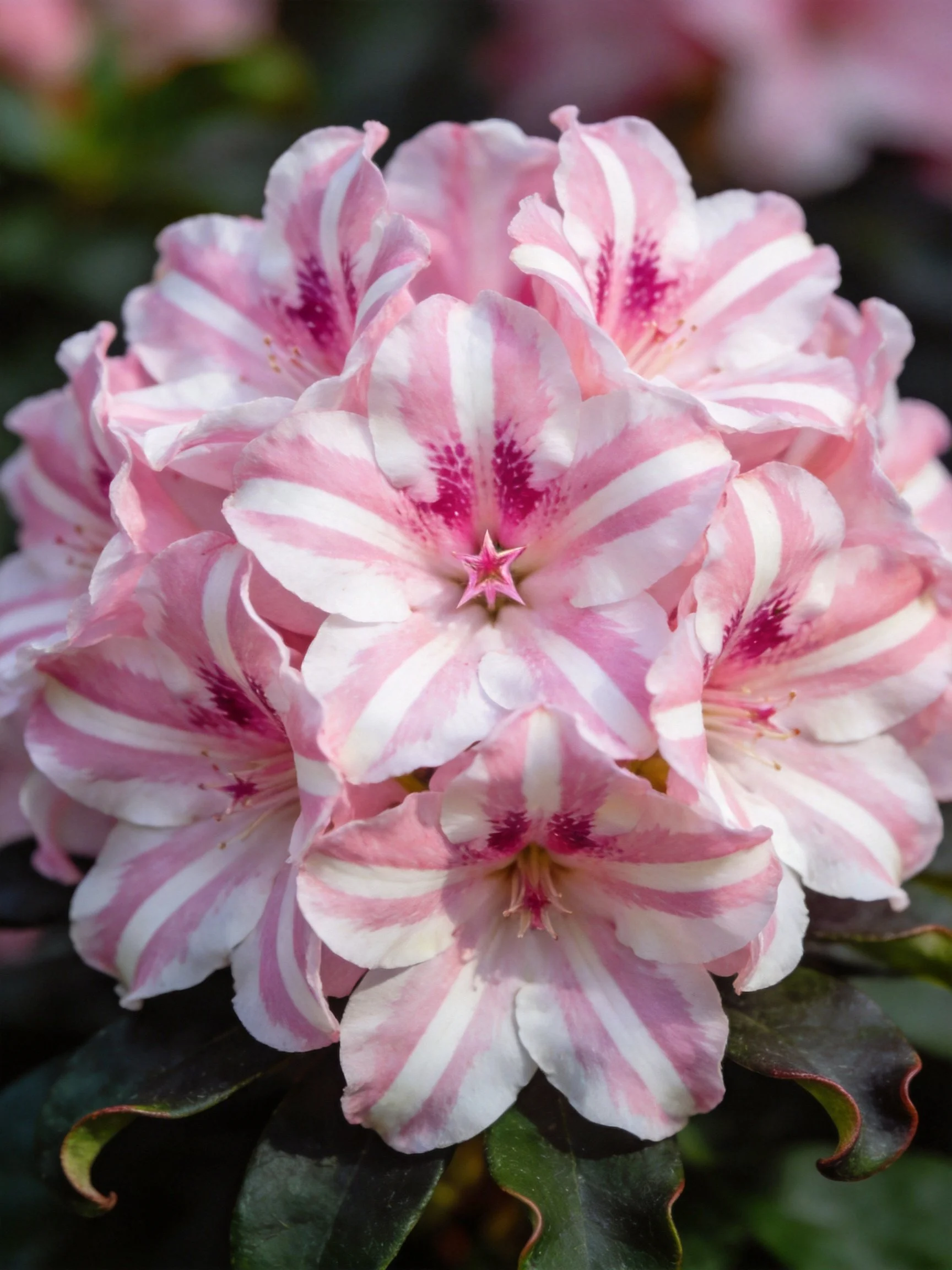 Pink and white striped flowers clustered with dark centers
