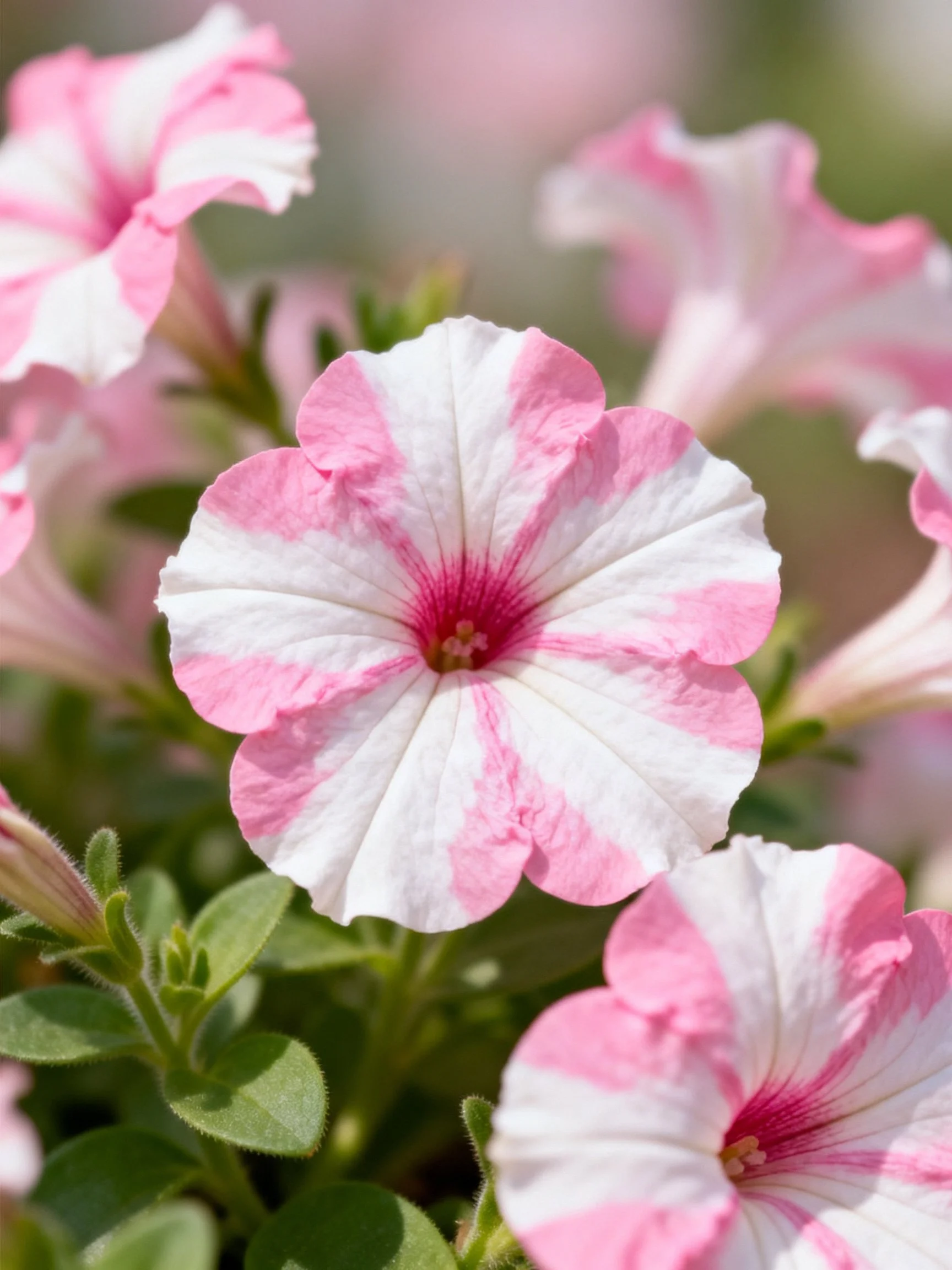 Pink and white striped petunias with lush green foliage