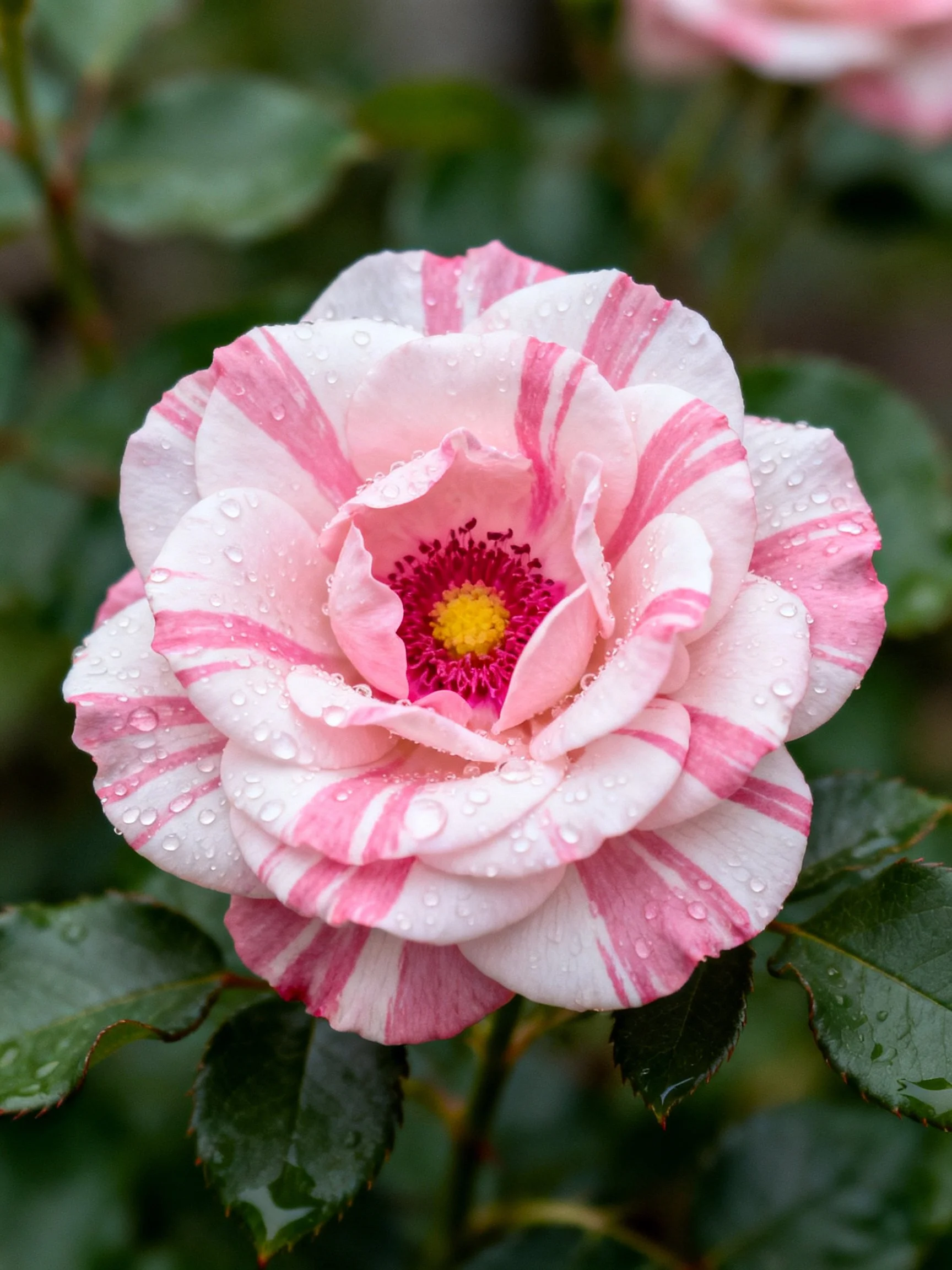 Pink and white striped rose with water droplets on petals