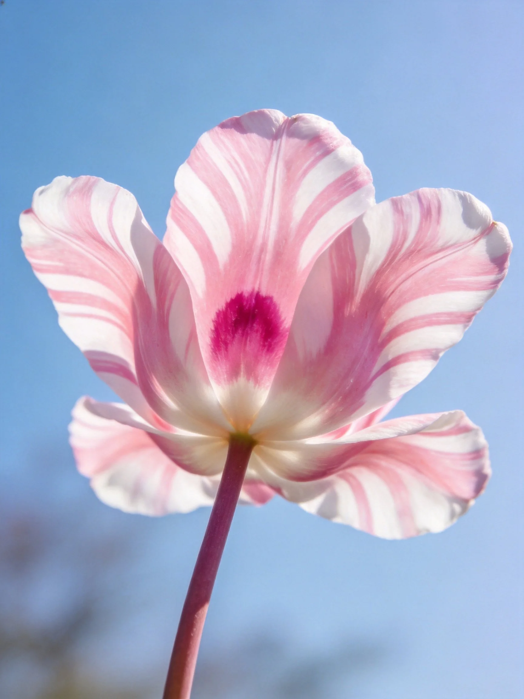 Pink and white striped tulip with magenta center against blue sky