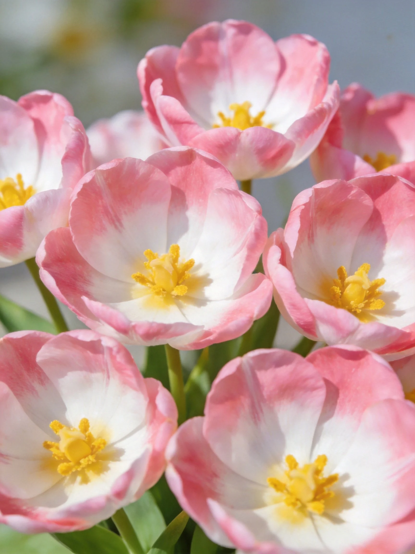 Pink and white tulip cluster with yellow centers