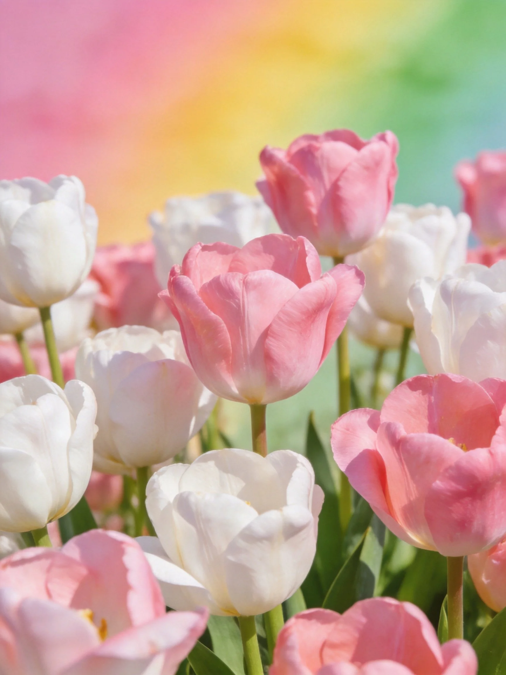 Pink and white tulips blooming against a colorful gradient backdrop