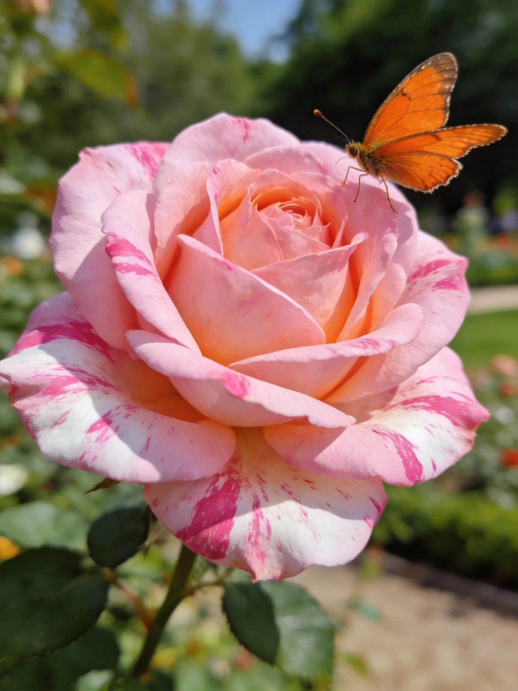Pink and white variegated rose with an orange butterfly