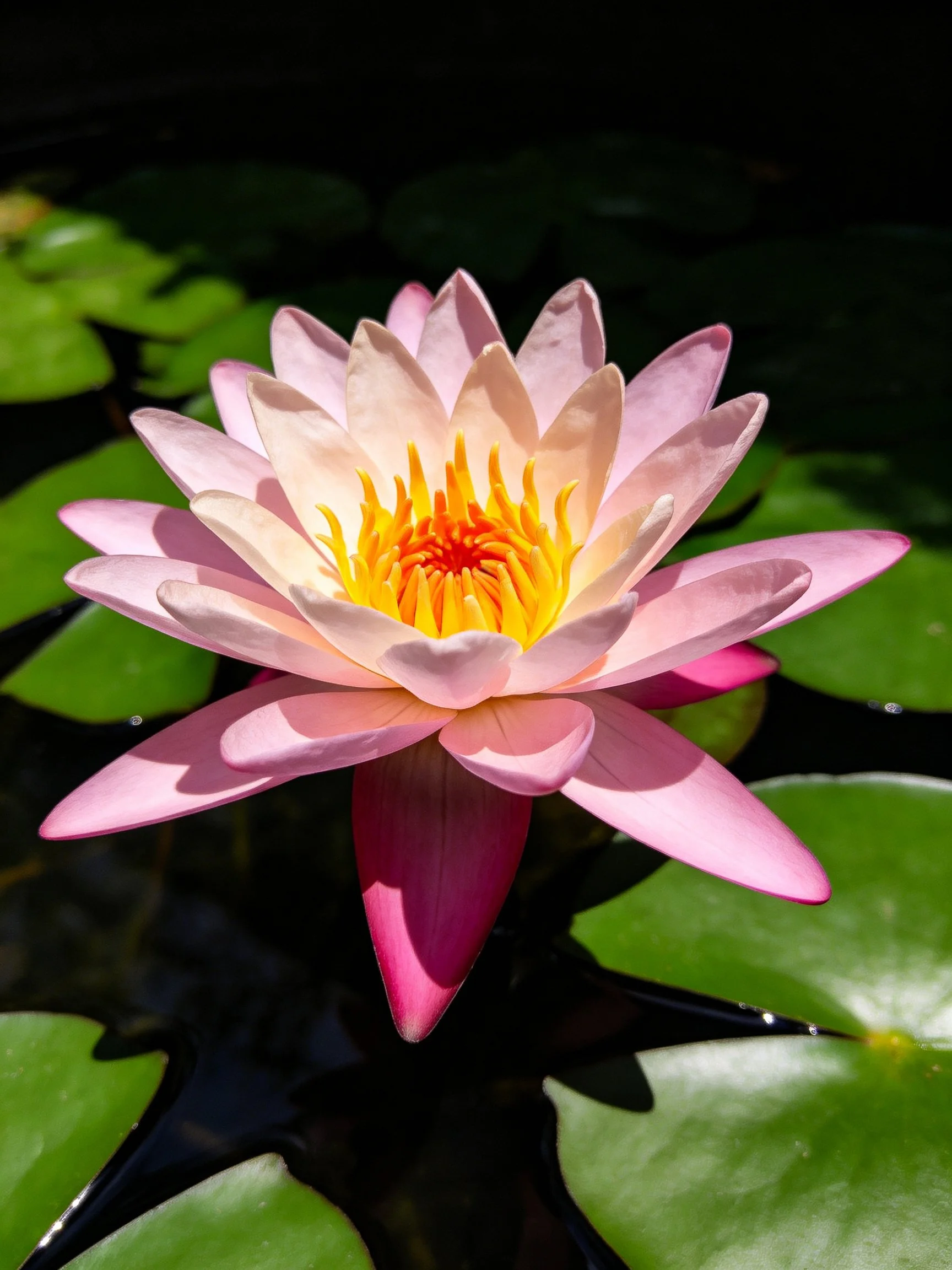 Pink and white water lily blooming amid green lily pads