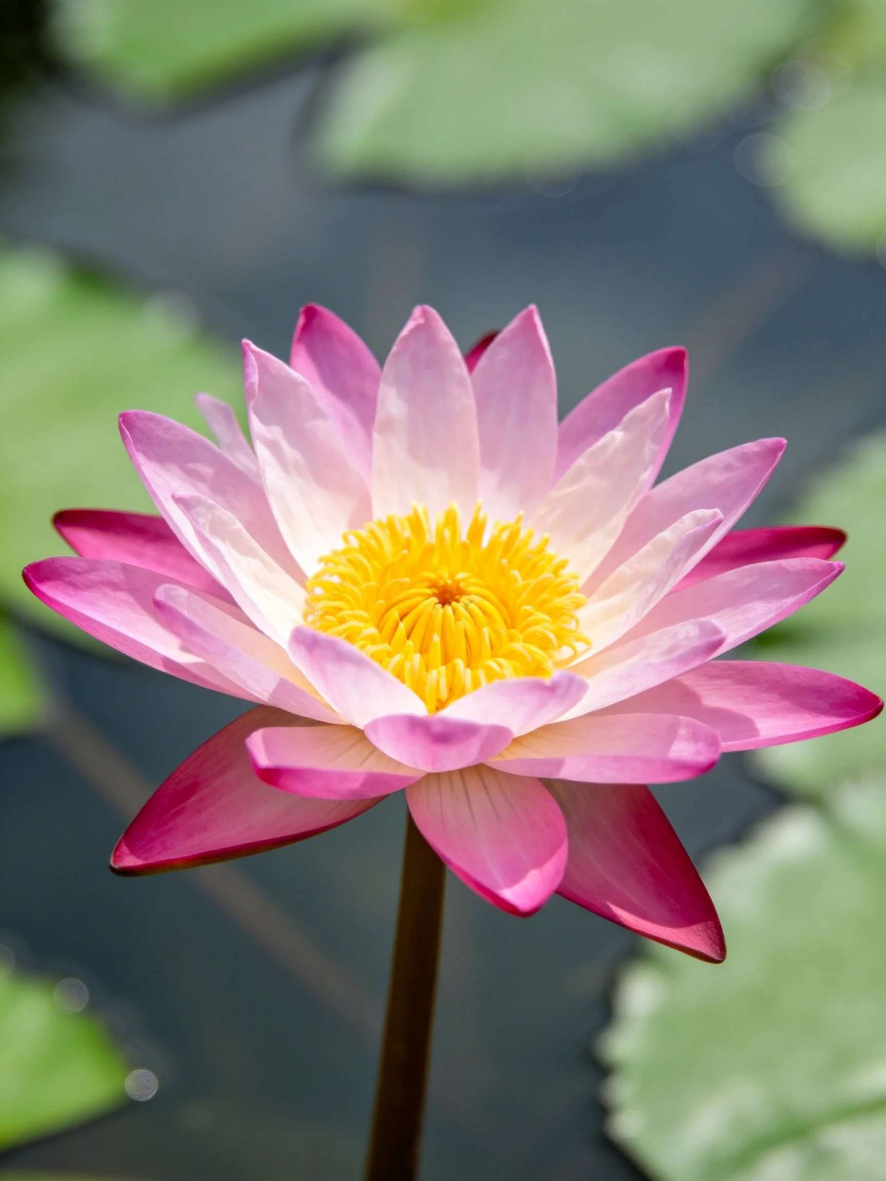 Pink and white water lily with vibrant yellow center