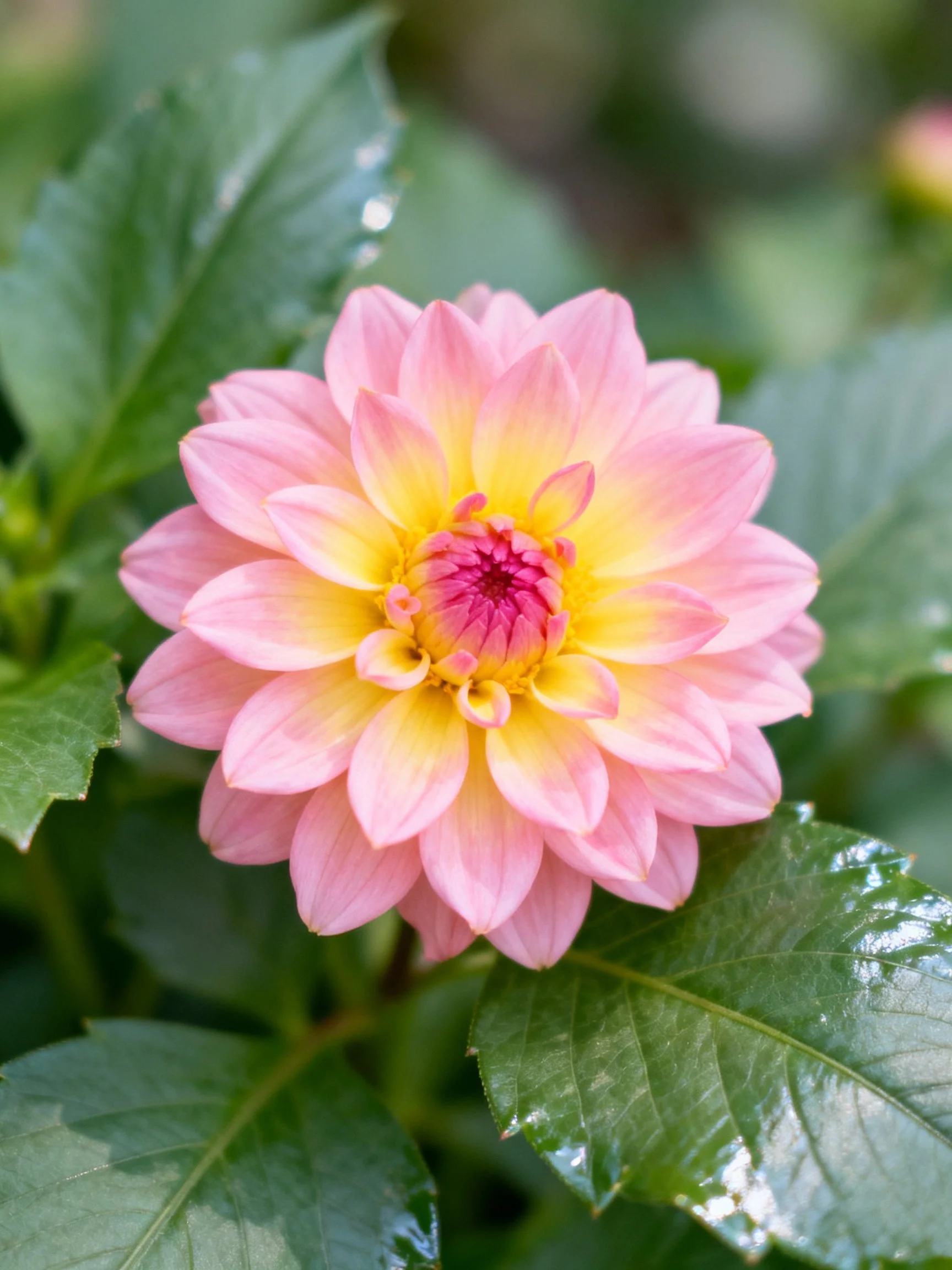Pink and yellow dahlia blooming among glossy green leaves