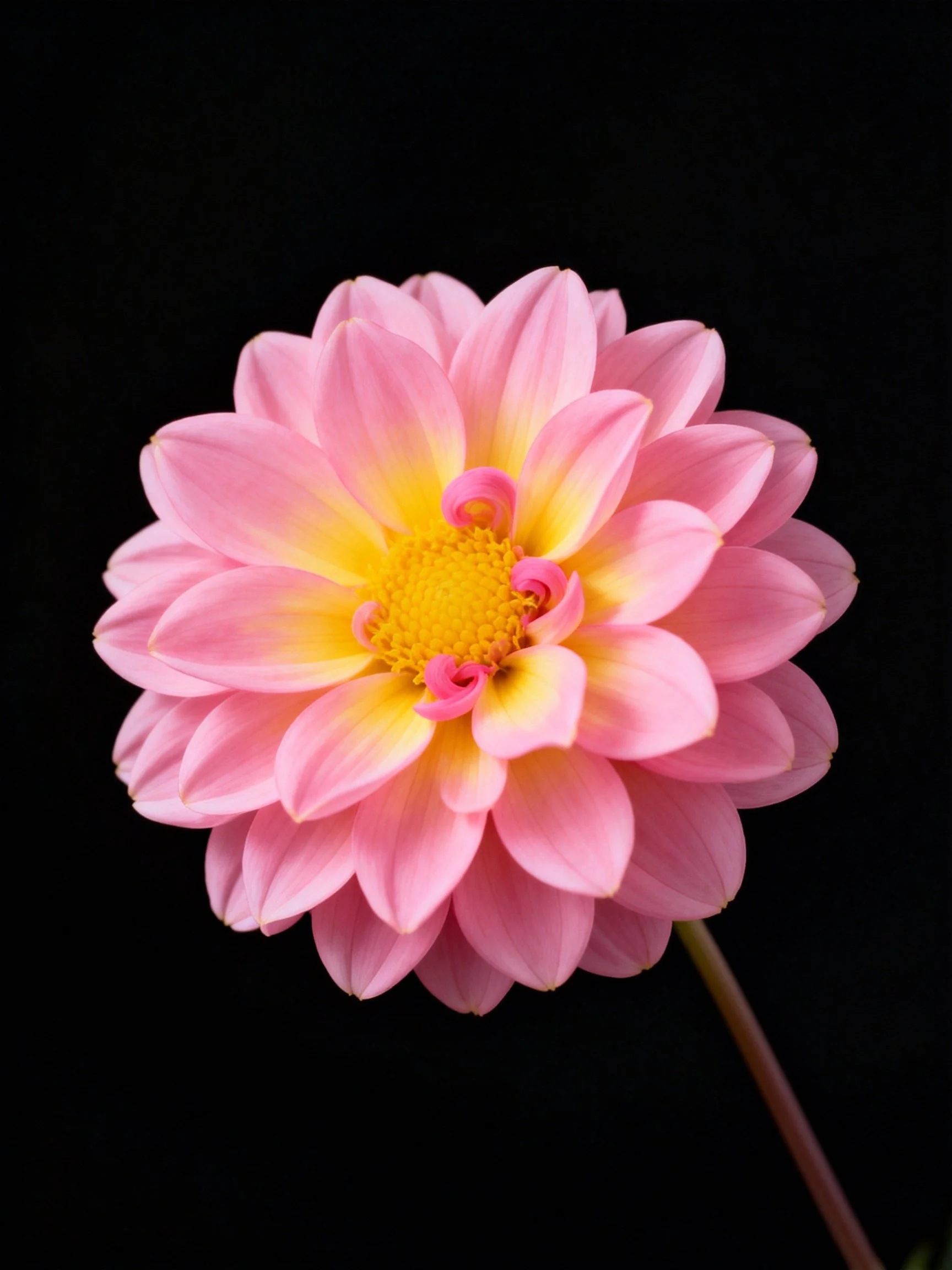 Pink and yellow dahlia flower centered on black background