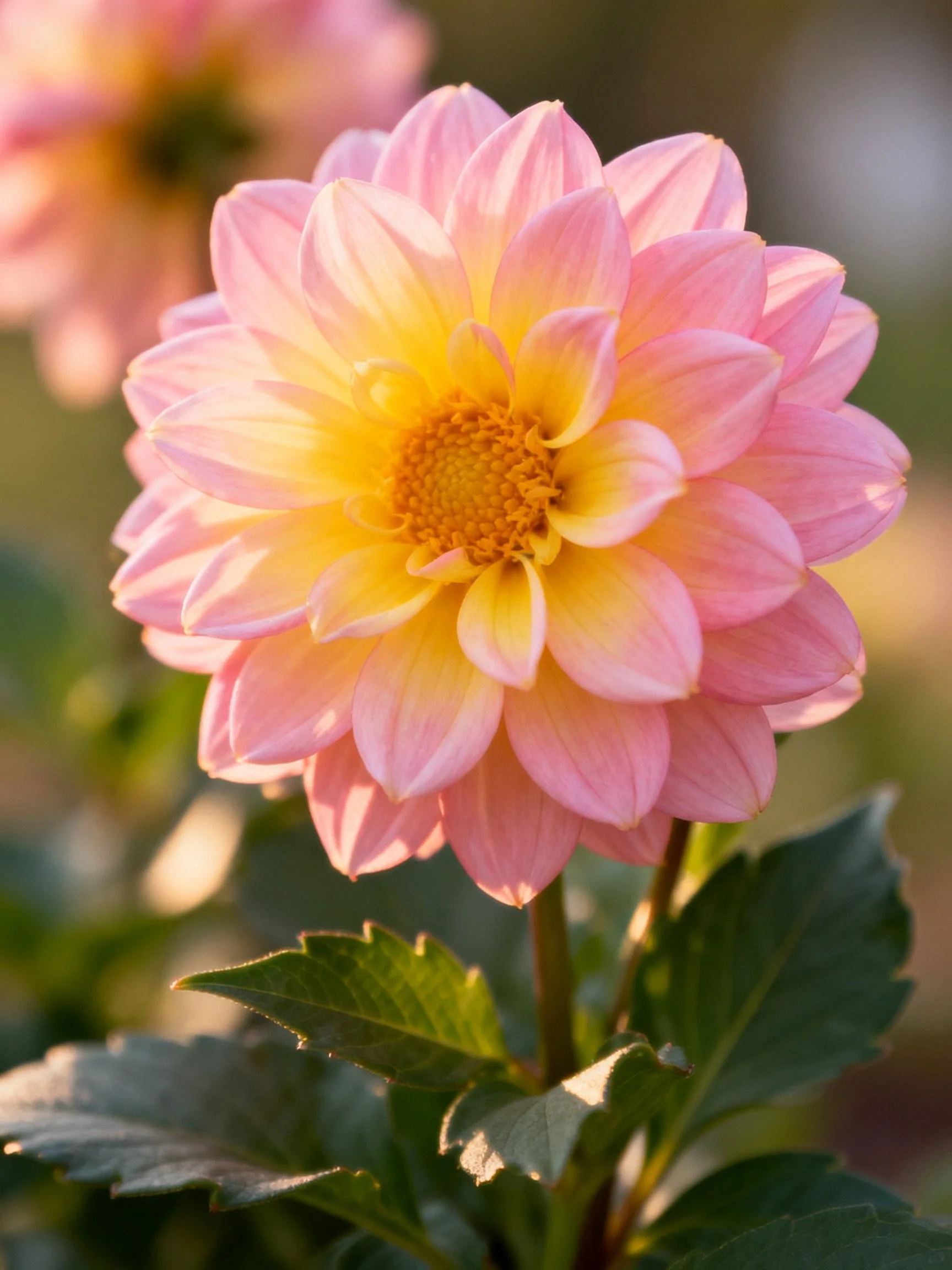Pink and yellow dahlia with green foliage under soft lighting