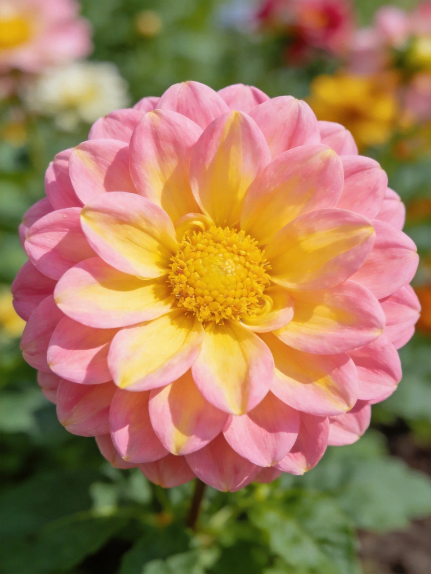 Pink and yellow dahlia with layered petals and bright center