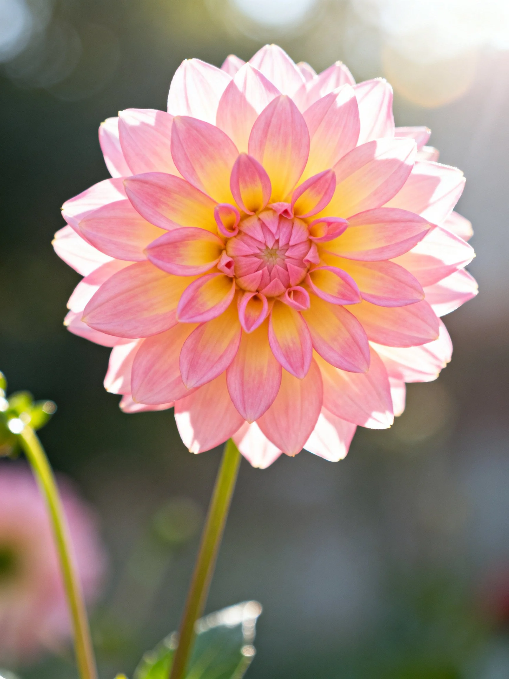 Pink and yellow dahlia with layered petals under soft lighting