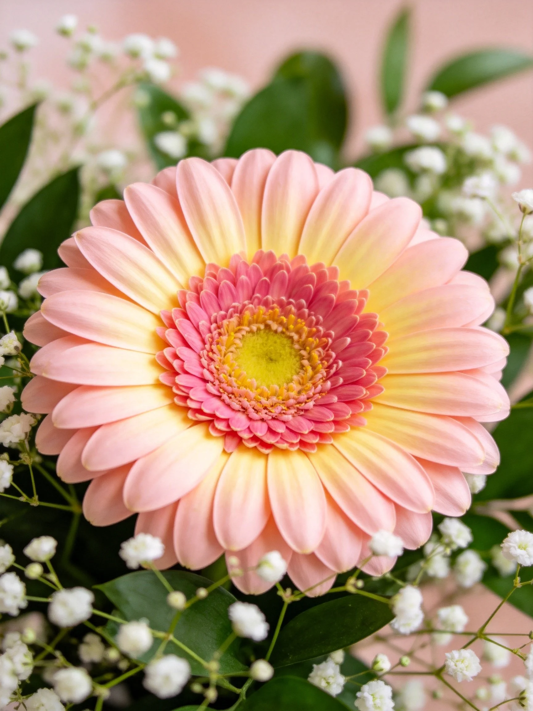 Pink and yellow gerbera daisy with baby’s breath and green leaves