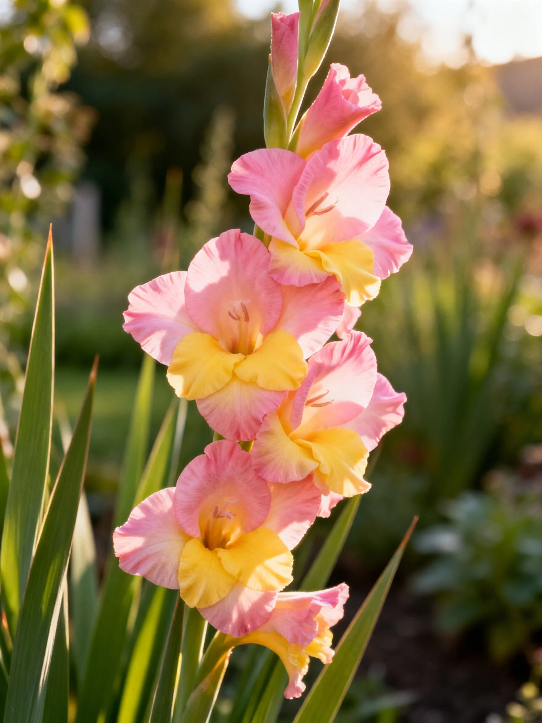 Pink and yellow gladiolus flowers blooming in a sunlit garden