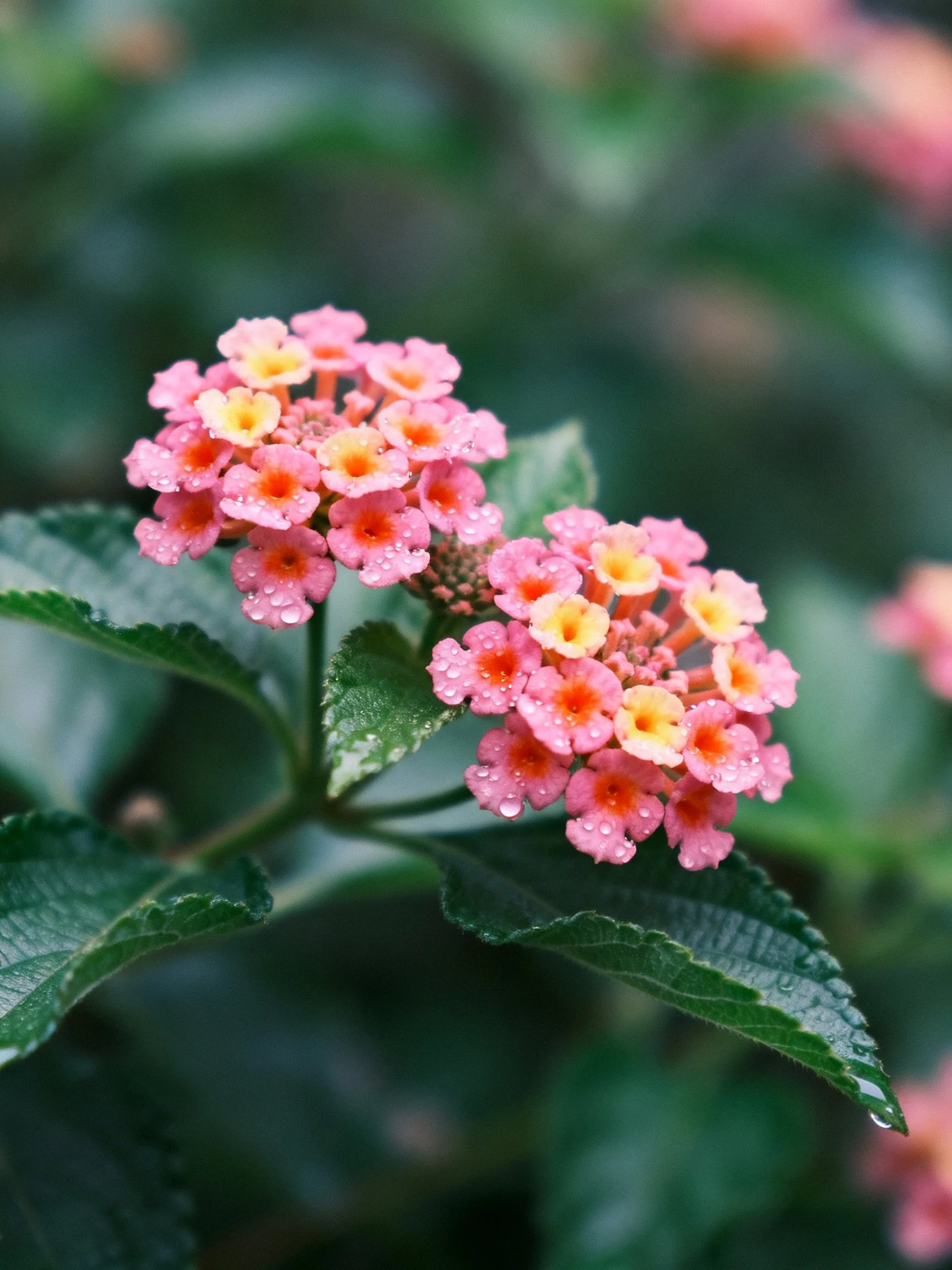 Pink and yellow lantana flowers with dewdrops on green leaves