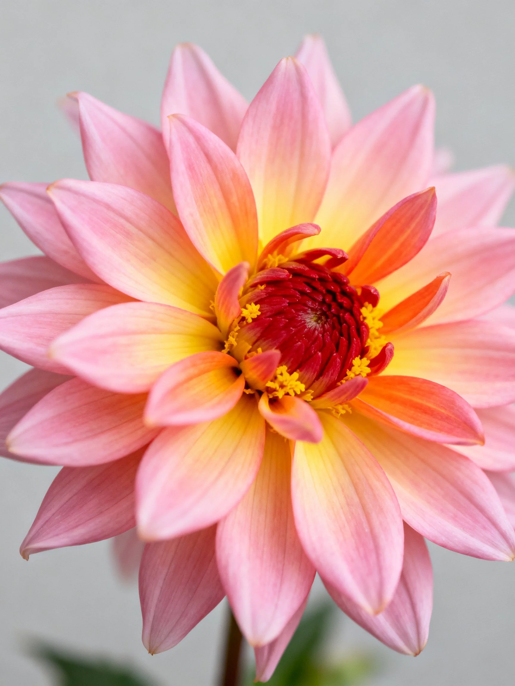 Pink and yellow layered dahlia with red center