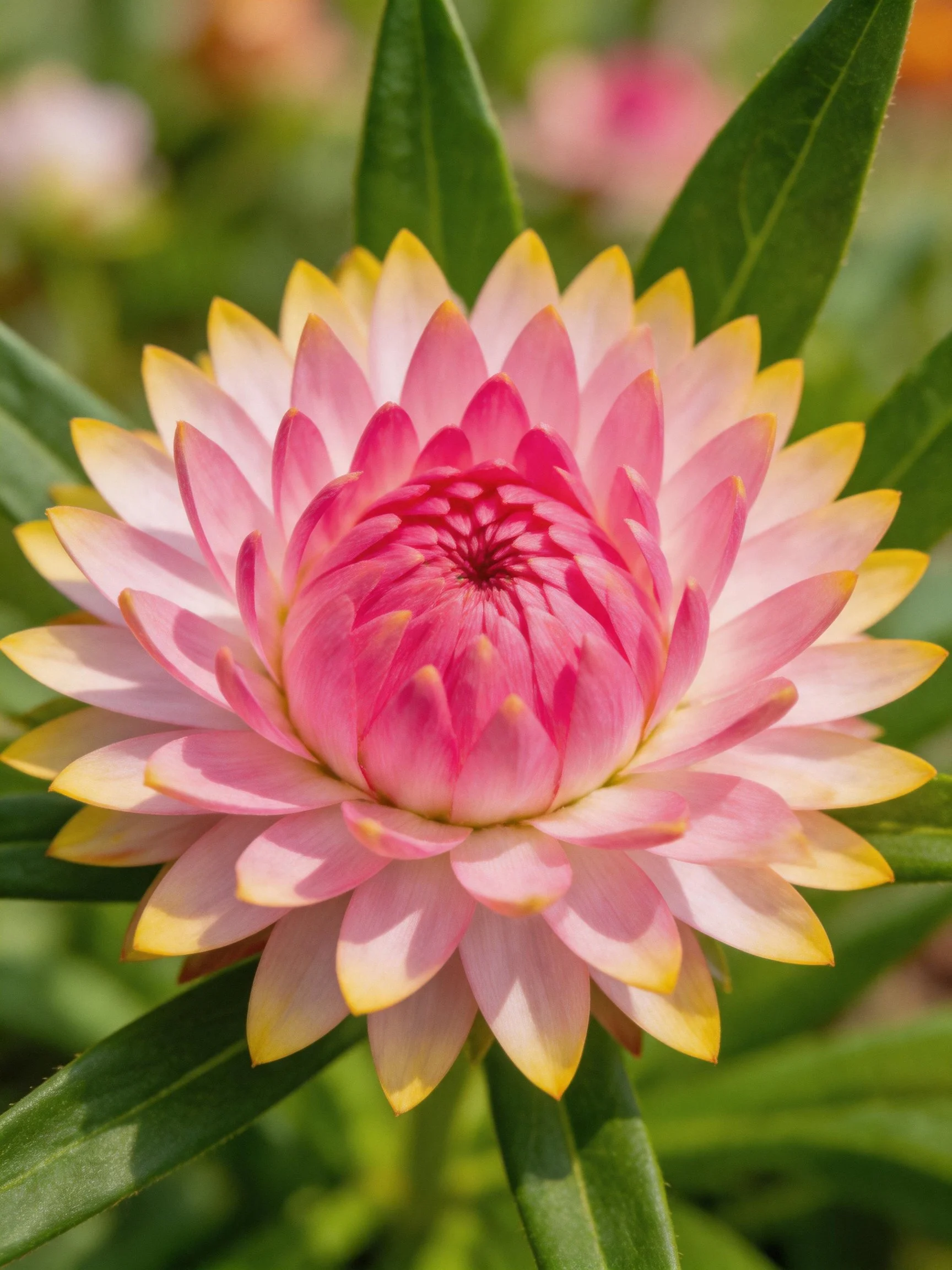 Pink and yellow layered flower with green foliage