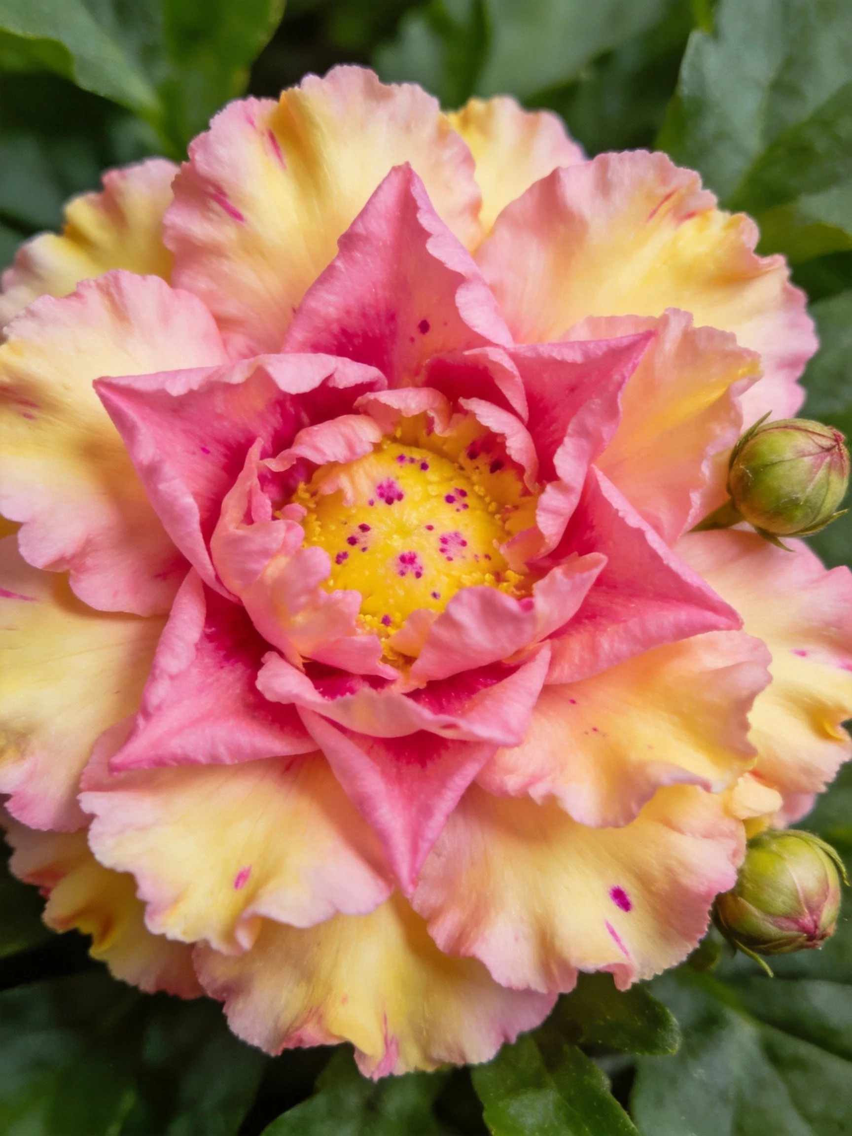 Pink and yellow layered flower with two green buds
