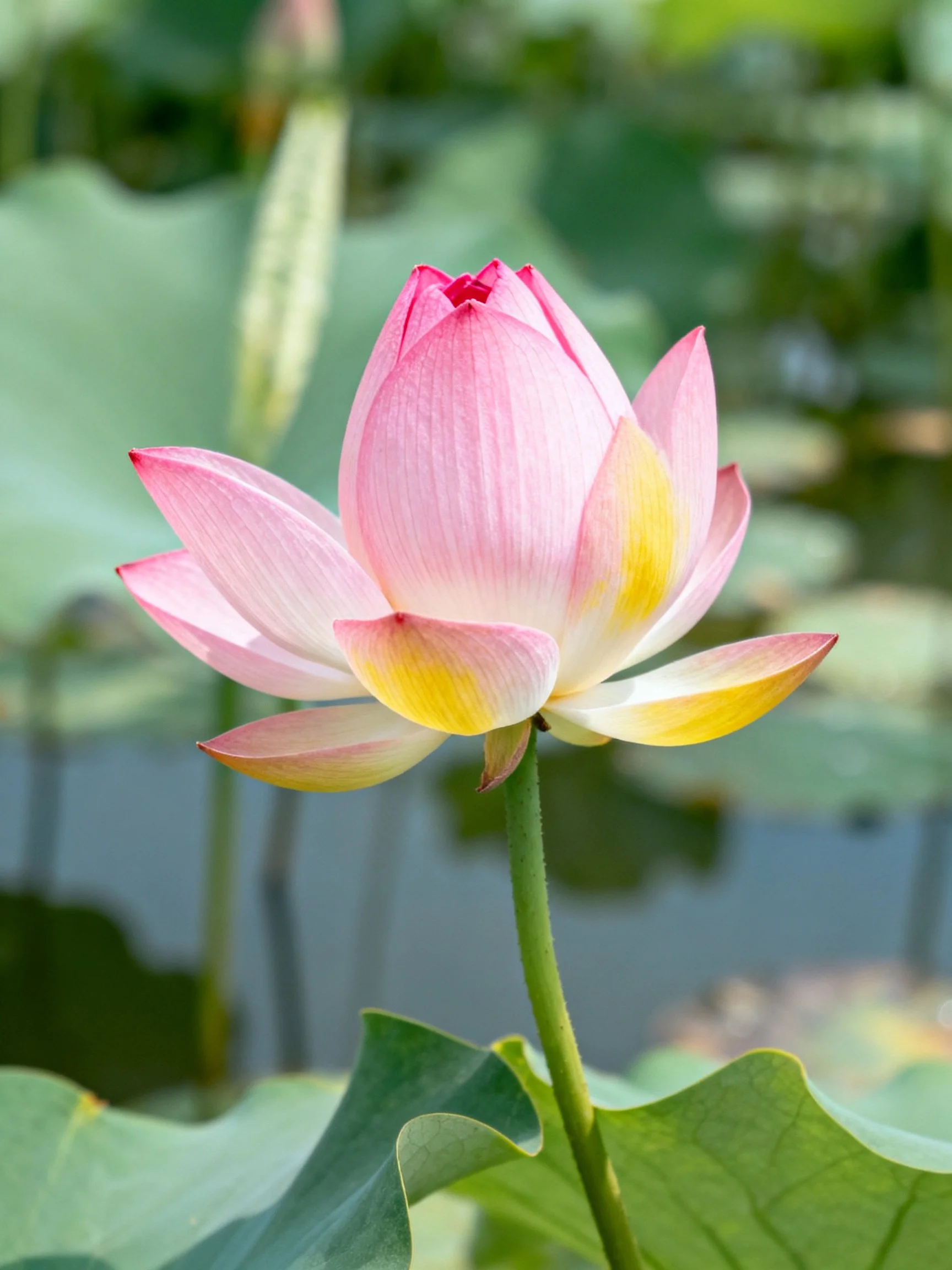 Pink and yellow lotus bud amid green leaves and water