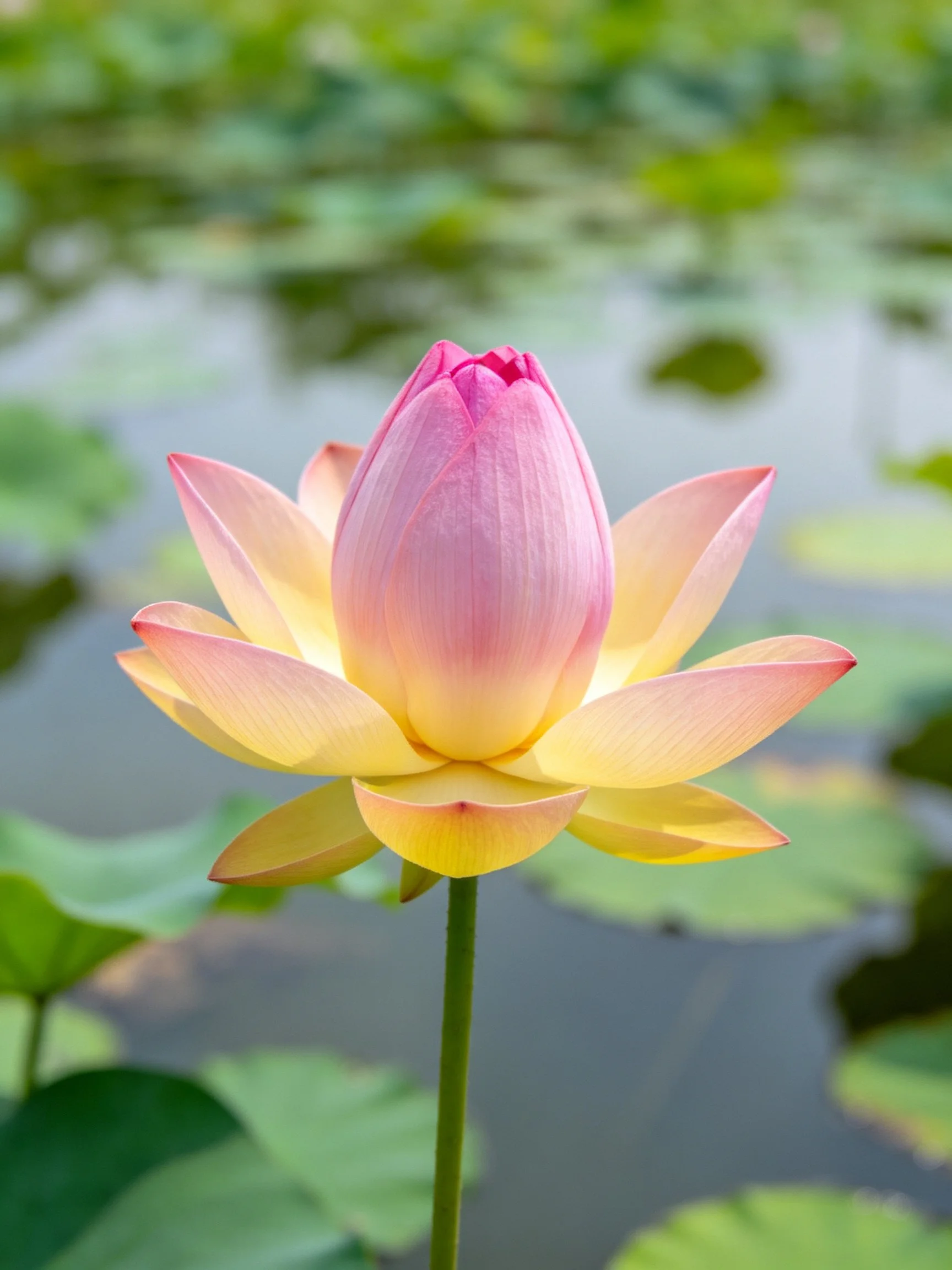 Pink and yellow lotus bud near green lily pads
