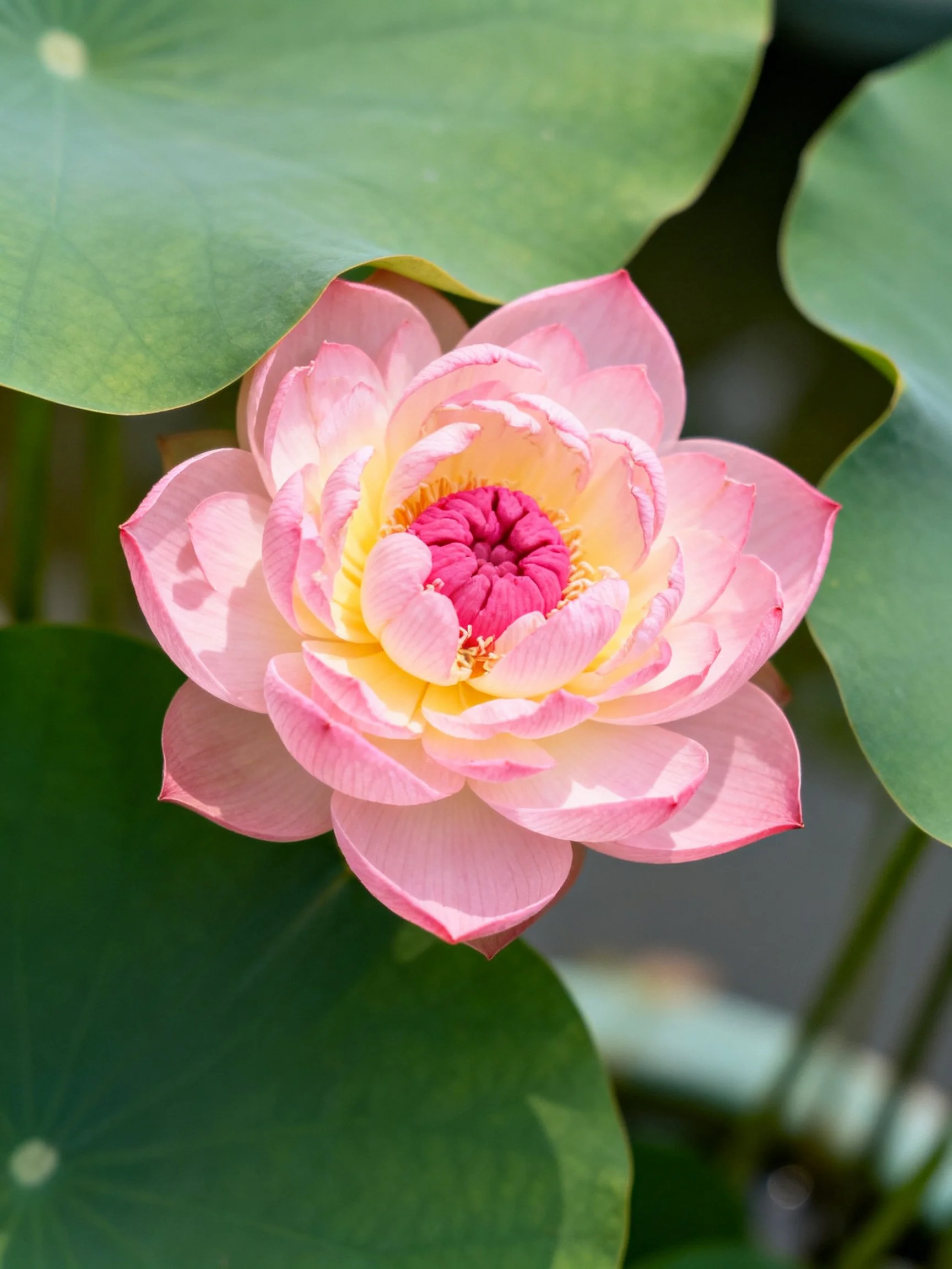 A pink and yellow lotus blooms amid large green lily pads.