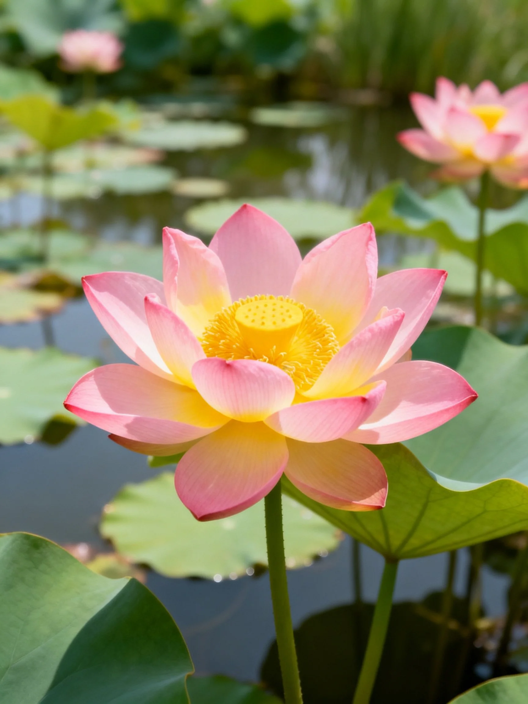 Pink and yellow lotuses bloom among large green lily pads near calm water